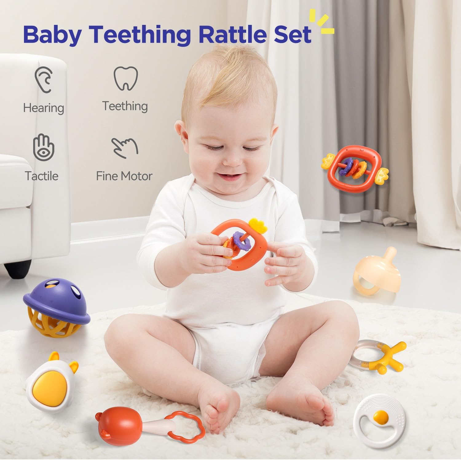 Sonajeros para bebés, juguetes de dentición para bebés de 0 a 6 a 12 meses, para desarrollo sensorial, divertido y vibrante, juego de sonajeros