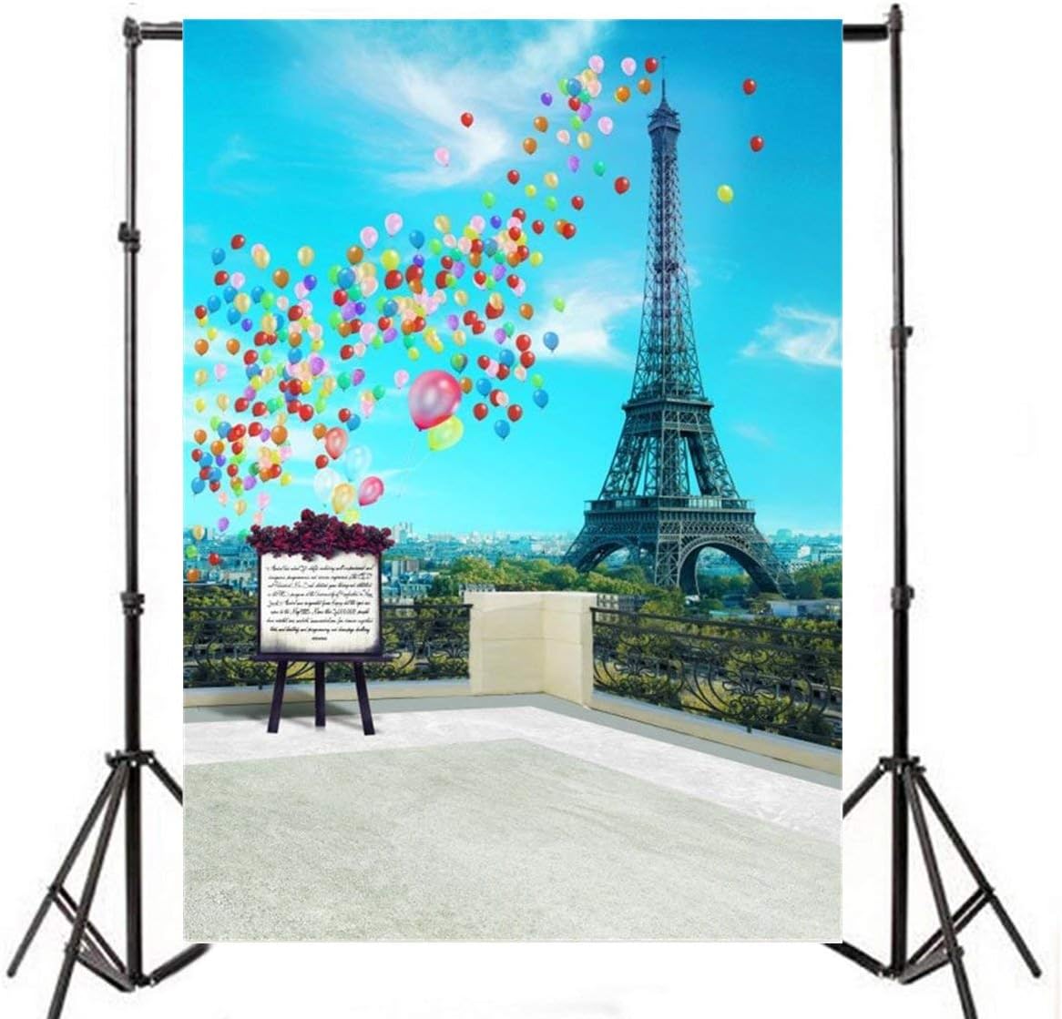 AOFOTO Fondo de torre Eiffel de 4 x 6 pies, paisaje de París, Francia, ciudad, arquitectura, balcón, globos coloridos, caballete, fotografía, fondo,