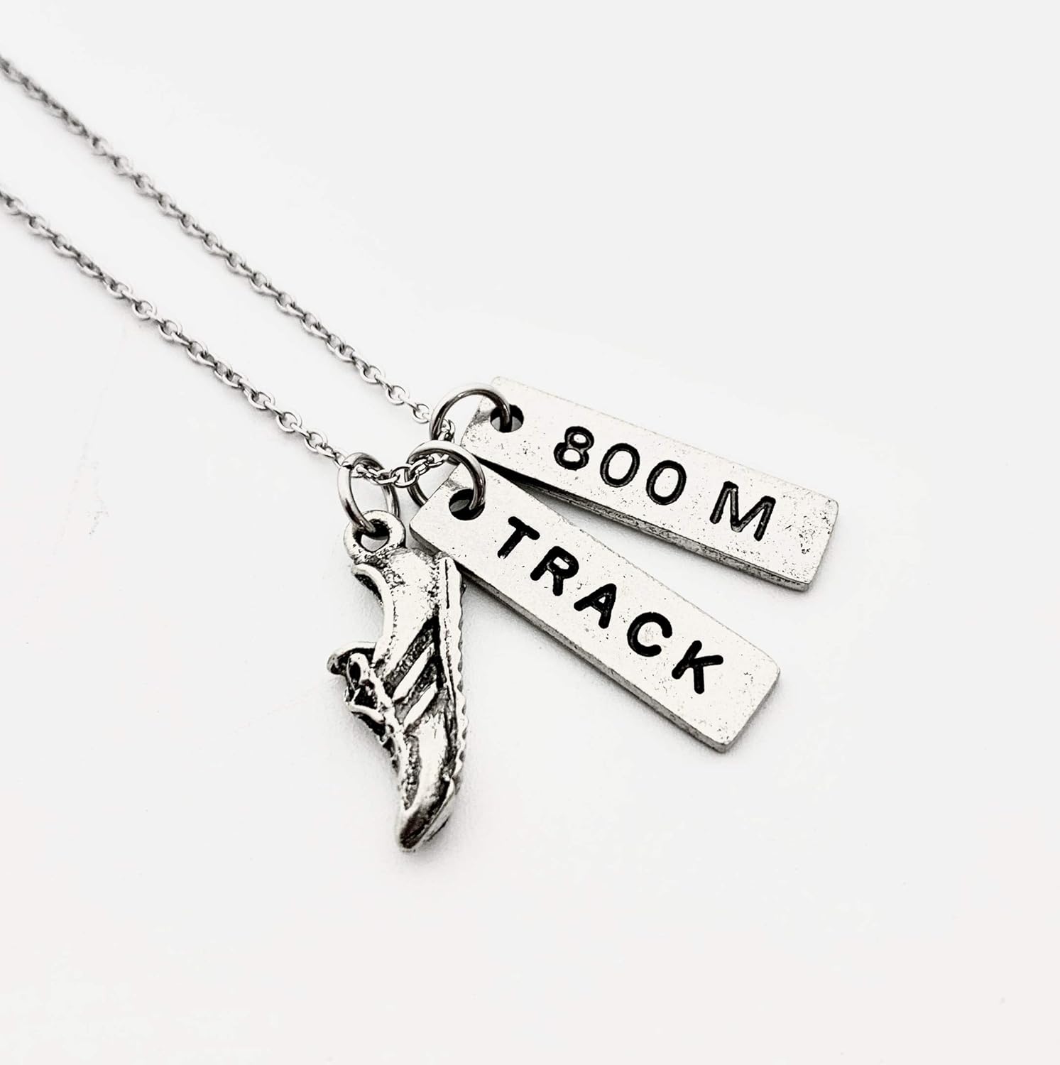 Pewter RUN TRACK 800M Necklace – Pewter Running Shoe Charm, Pewter TRACK Pendant and Pewter 800M Pendant on 18 inch Stainless Steel Cable Chain –