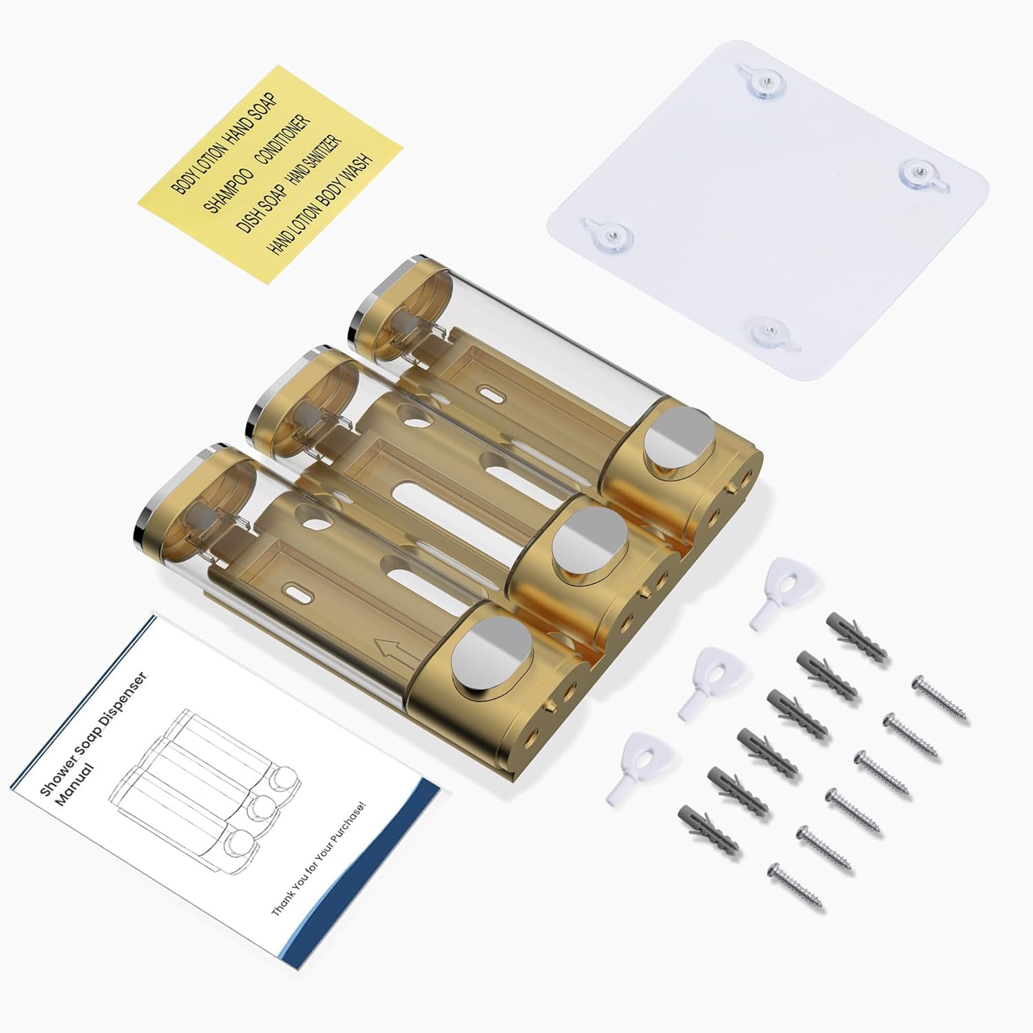 Dispensador de jabón de champú de 3 cámaras para ducha montado en la pared y dispensador de acondicionador sin taladro, perfecto para baño, cocina,