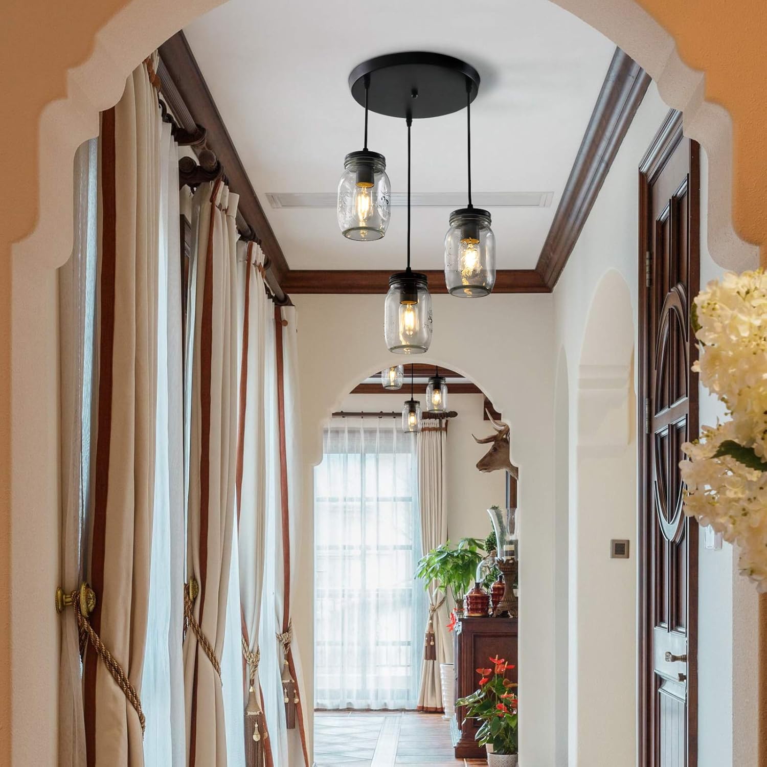 Lámparas de tarro de masón, 3 luces de casa de campo, lámpara colgante de tarro de cristal lámpara de techo ajustable para cocina, comedor, pasillo