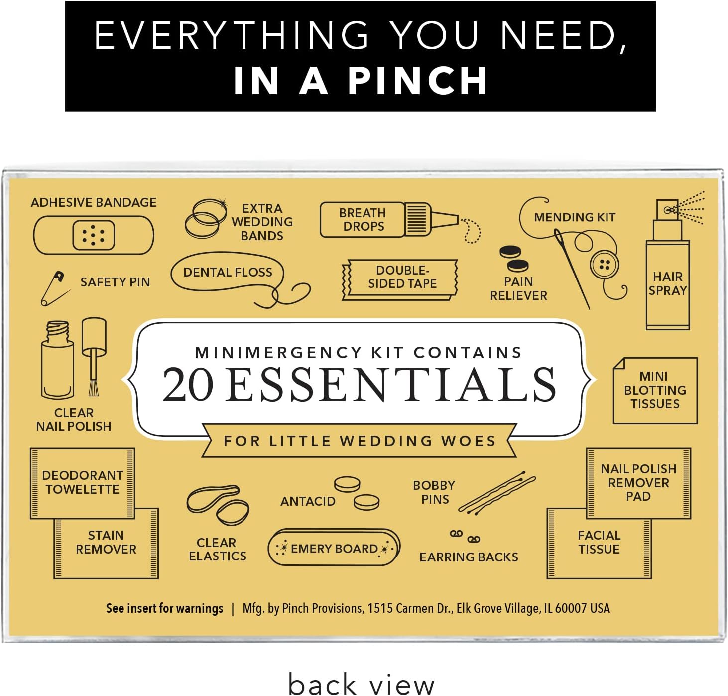 Pinch Provisions Kit de minimergencia para M.O.B, incluye 20 artículos esenciales de emergencia imprescindibles para el gran día, bolsa compacta y