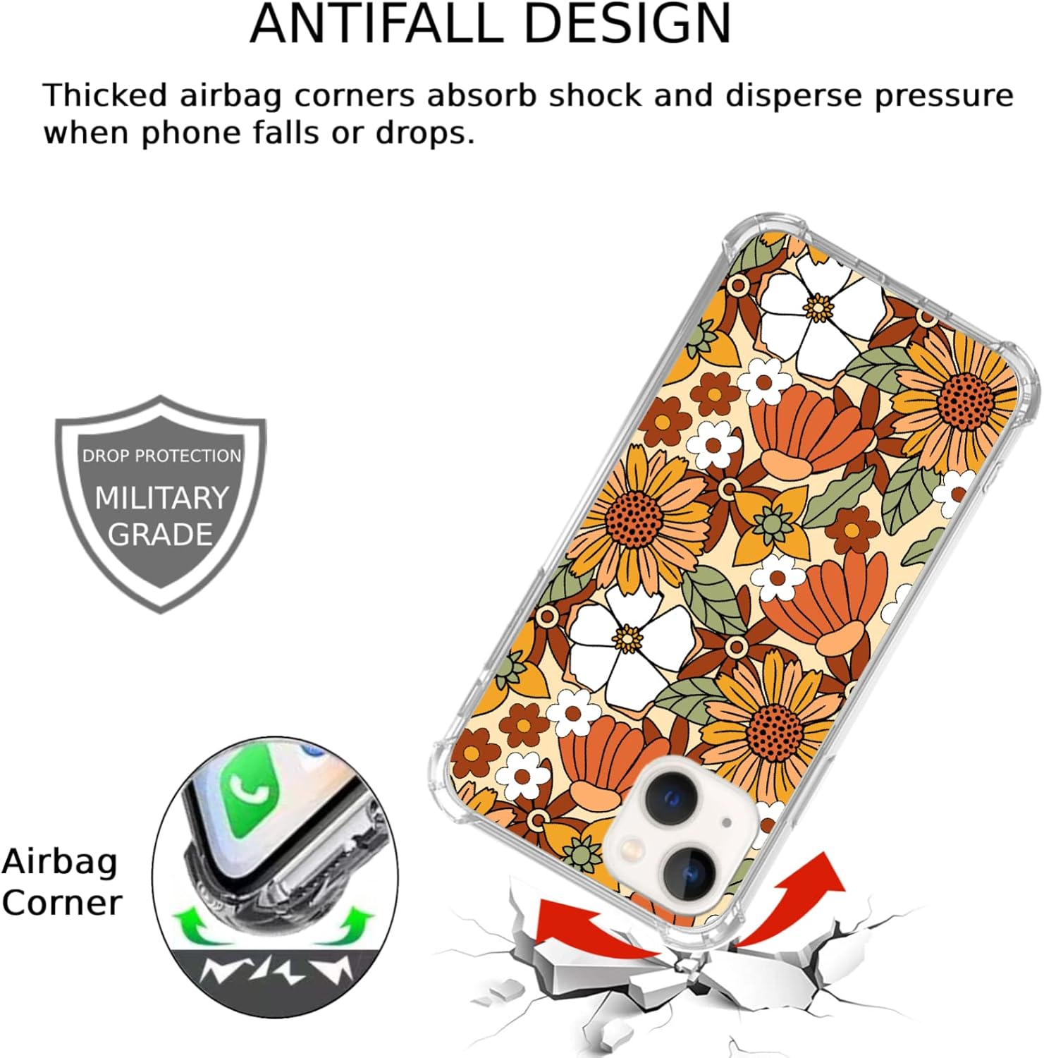 Funda vintage retro de los años 70 compatible con iPhone 13 Mini, funda estética hippie groovy amarillo marrón flores blancas para iPhone 13 Mini,