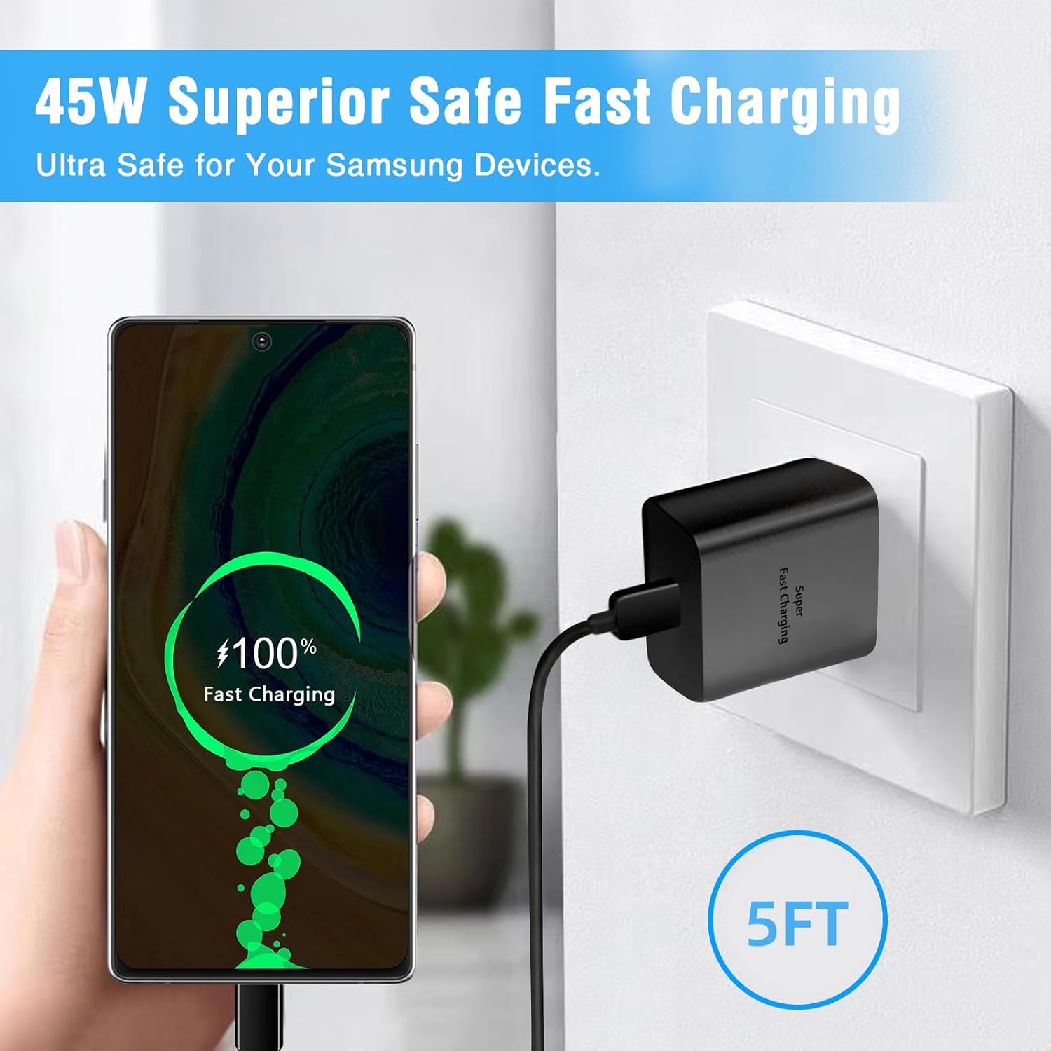 Cargador súper rápido de 45 W, cargador de teléfono Android USB C de carga rápida tipo C con cable de 5 pies para Samsung Galaxy S24 S23 S21 S20
