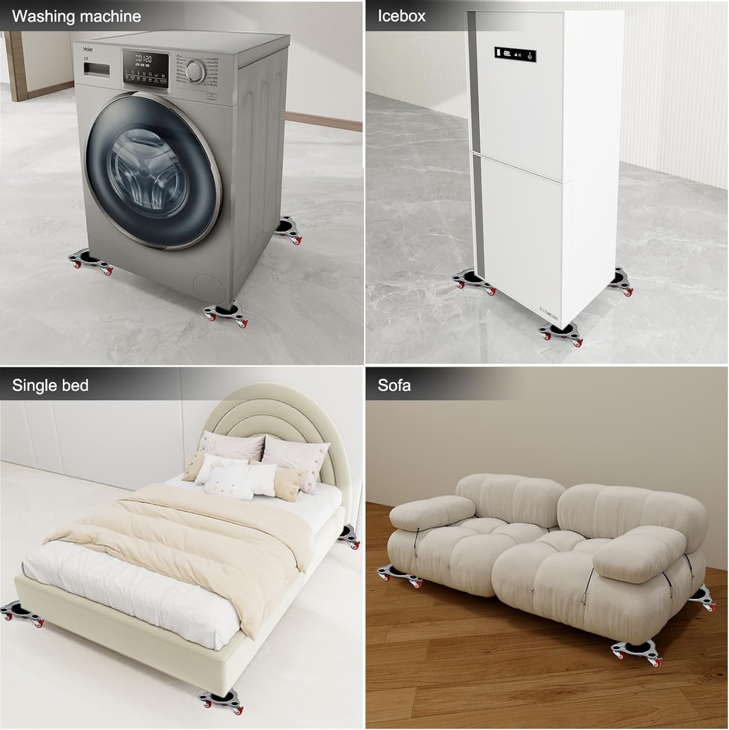 4 unidades de mudanzas de muebles grandes mejoradas, 4 ruedas rojas, panel de acero al carbono de 7 x 7 pulgadas, soporte resistente, rotación de