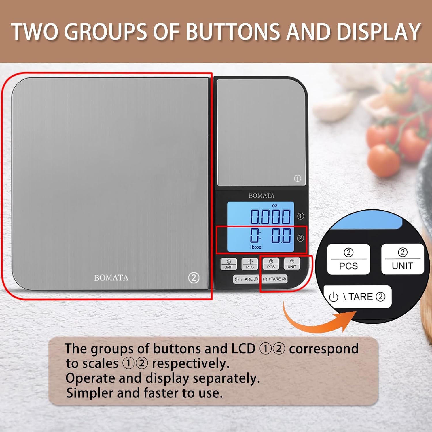 BOMATA Báscula digital de cocina de doble plataforma con dos precisiones de 0.00 oz y 0.01 g0.001 oz, capacidad máxima 11 lb5 kg, función de tara,