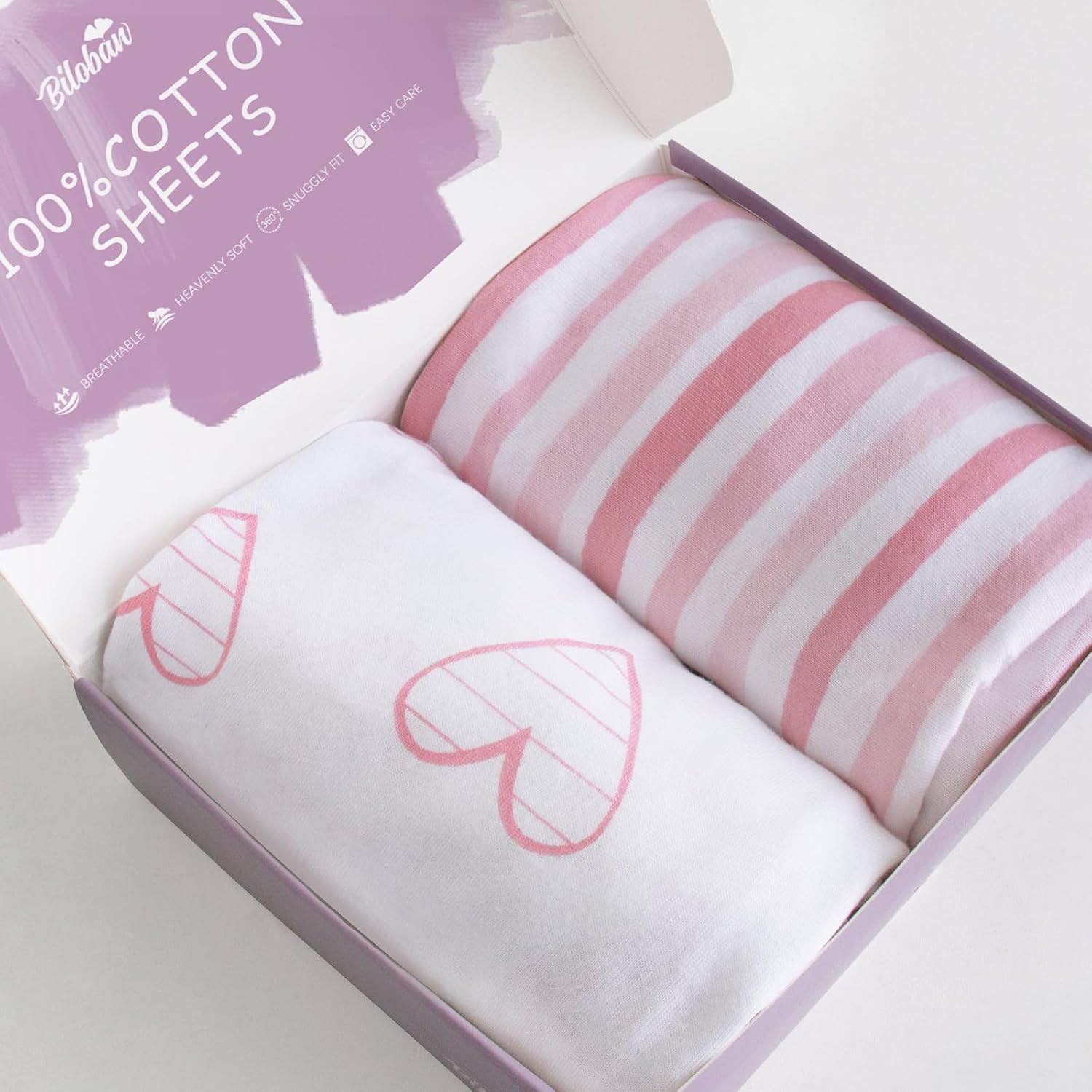 Sábanas ajustadas de cuna, compatibles con Dream On Me Karley, 2 unidades, 100% algodón de punto jersey, rayas rosas y corazones, estampados para