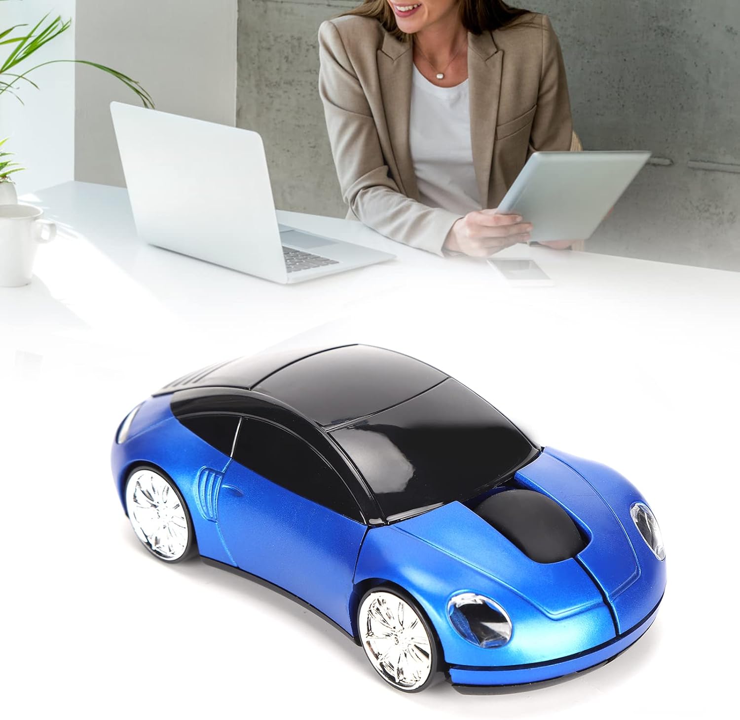 ASHATA Ratón inalámbrico portátil en forma de coche inteligente de 2.4G con mini receptor, diseño ergonómico, material ABS, para oficina, laptop,
