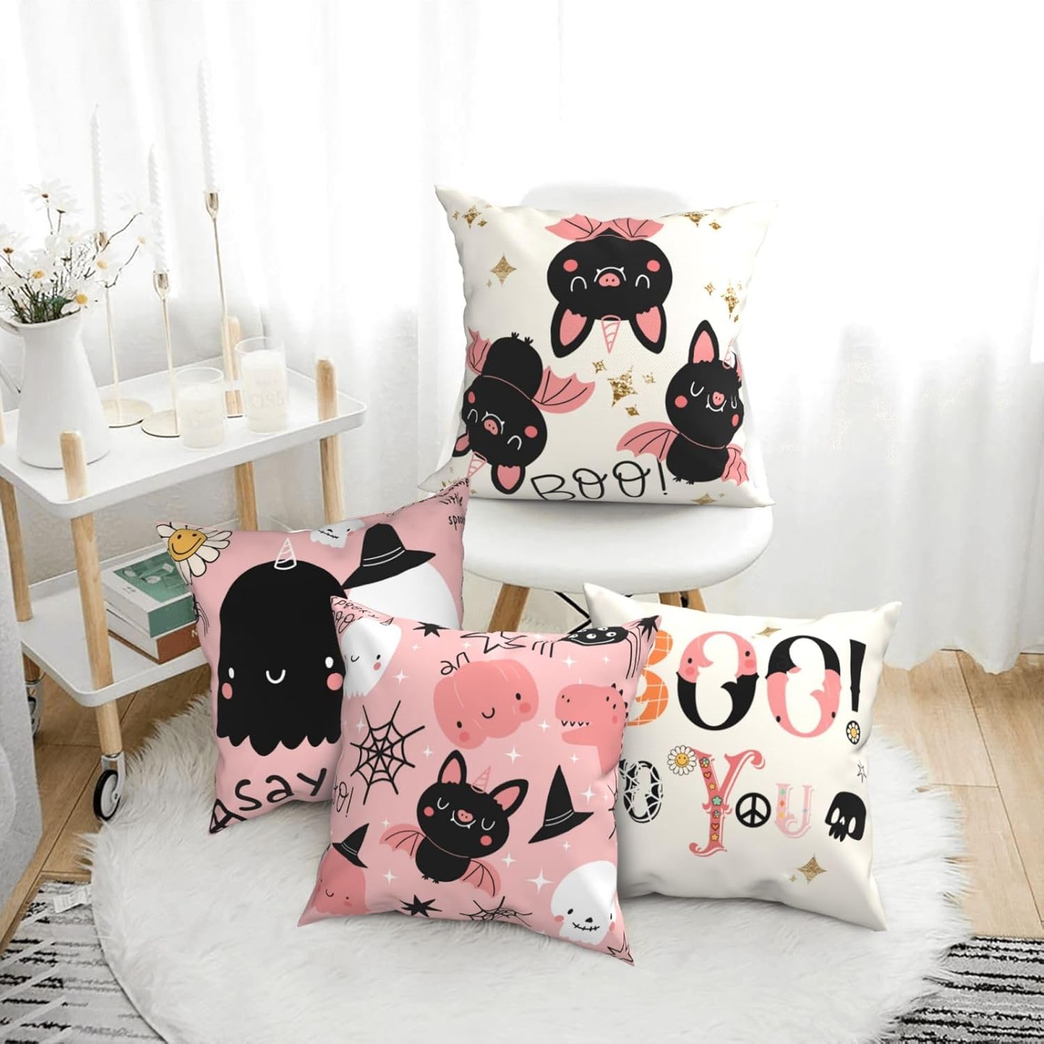 Juego de 4 fundas de almohada de Halloween, diseño de calavera con diseño de calabaza, fantasma, groovy, rosa, diseño de estrellas, flores,
