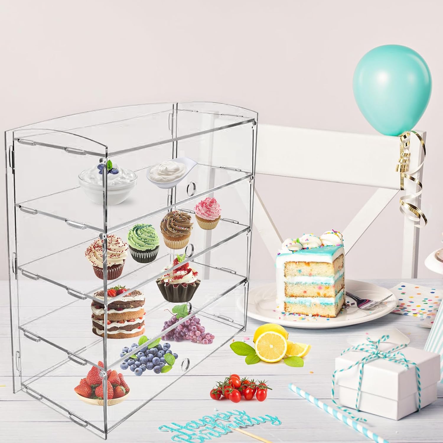 Vitrina de pastelería de 5 niveles para mostrador de panadería y pastelería de acrílico transparente, caja de exhibición de galletas de postre de