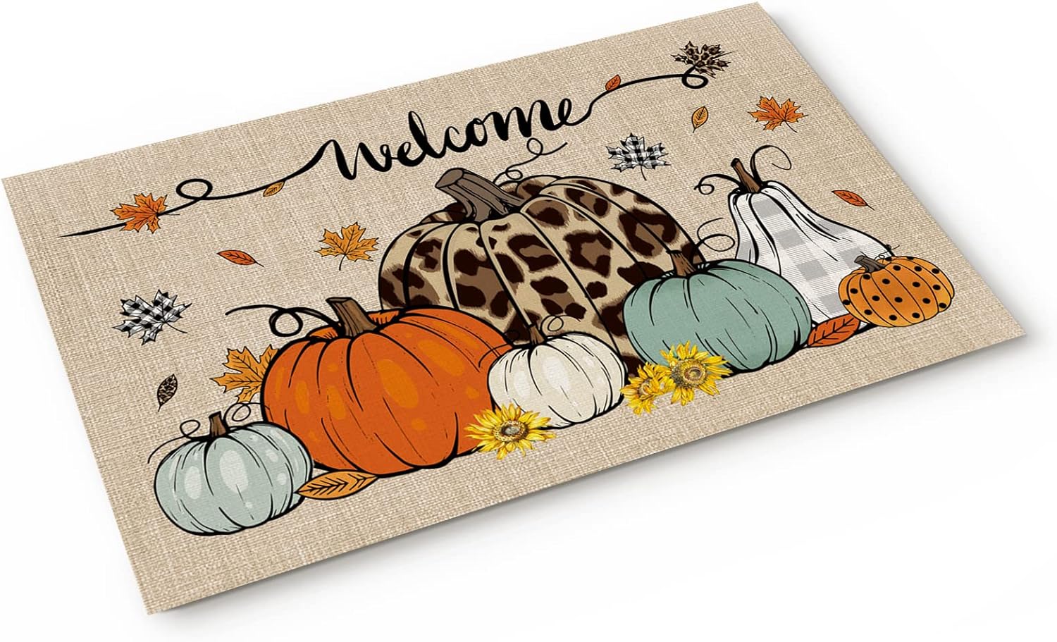 Tapete de calabaza de Acción de Gracias, tapete de bienvenida con diseño de leopardo, diseño de calabaza, hojas de arce, tapete antideslizante para