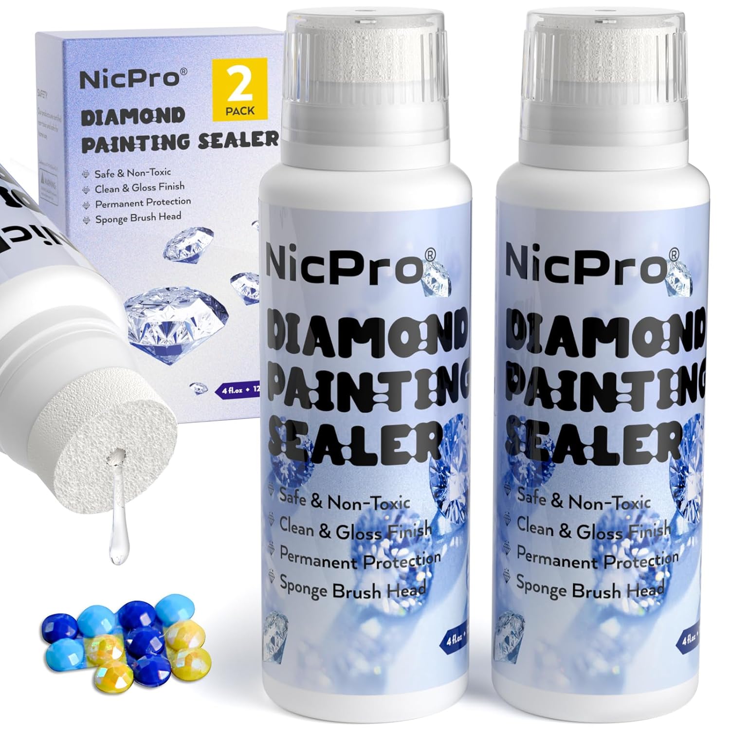Paquete de 2 selladores de pintura de diamantes de 8.1 fl oz con cabezal de esponja, accesorios de pintura de diamante 5D de alto brillo para