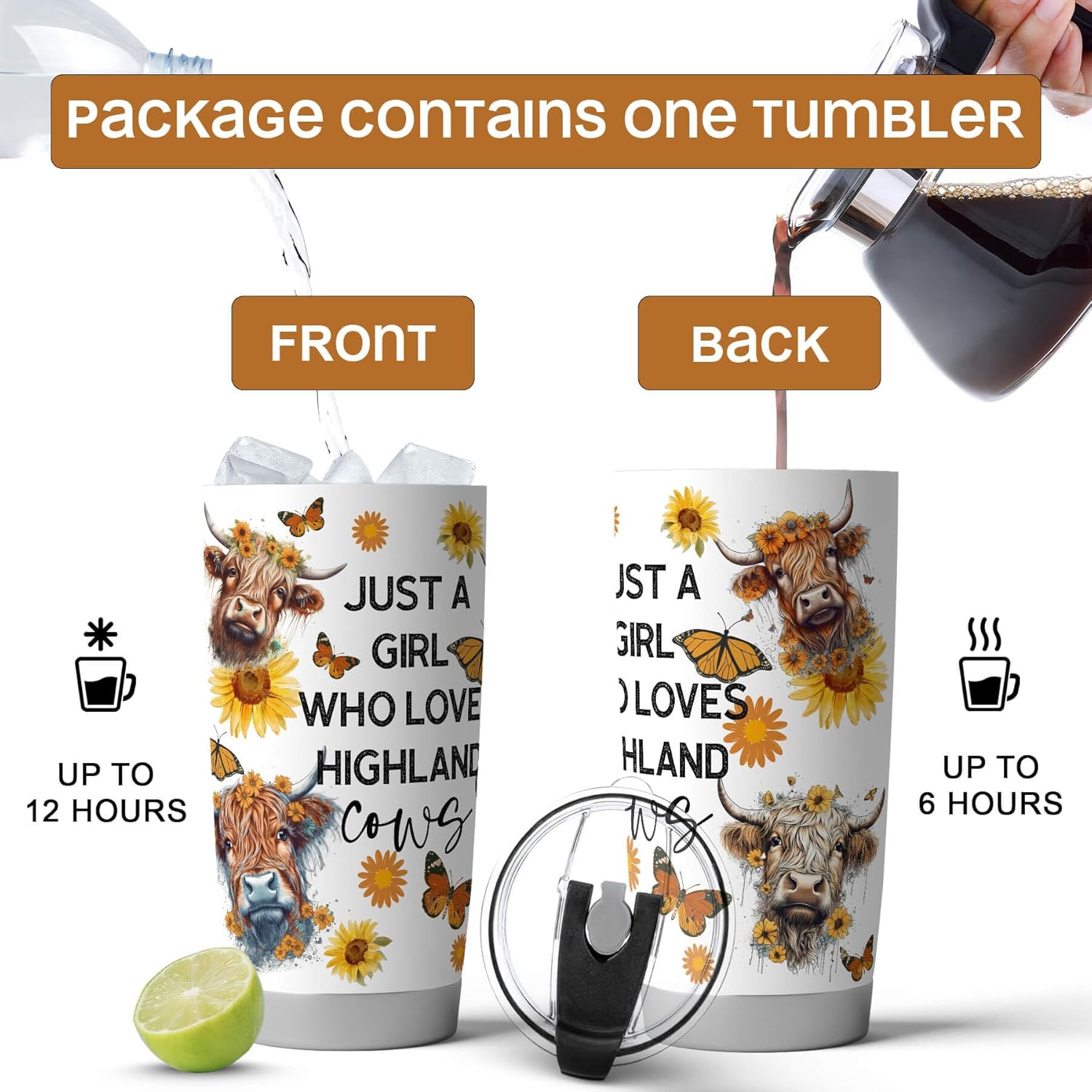 Vaso de vaca de 20 onzas, taza de acero inoxidable, regalos de vaca de las tierras altas, regalos de vaca para mujeres, regalos temáticos de vaca,
