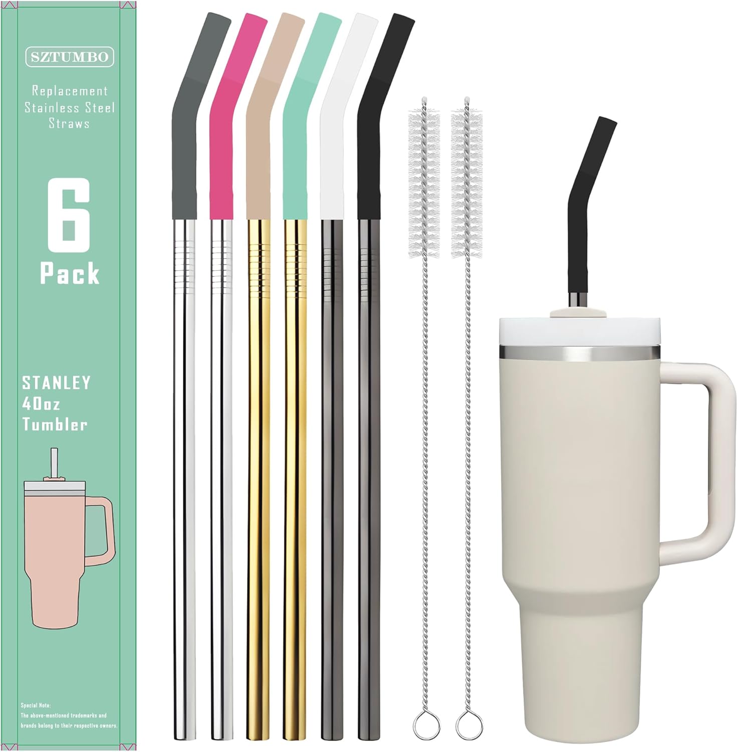 6 popotes rectos reutilizables de acero inoxidable de 12 pulgadas, con 6 puntas flexibles de silicona y 2 cepillos de limpieza, para vaso Stanley,