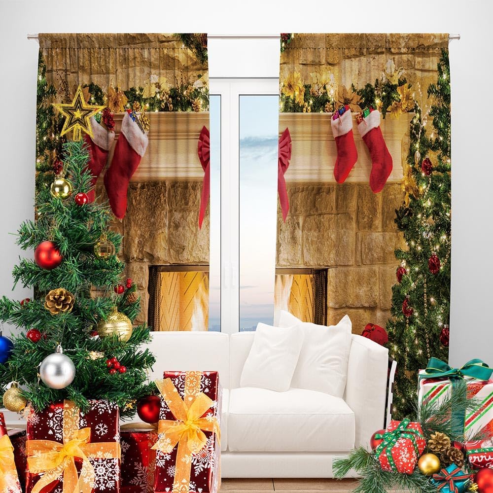 TOKTILIKT Calcetines de cortina de Navidad de 82 x 84 pulgadas, diseño de chimenea, arco de regalo, decoración de dormitorio, sala de estar,
