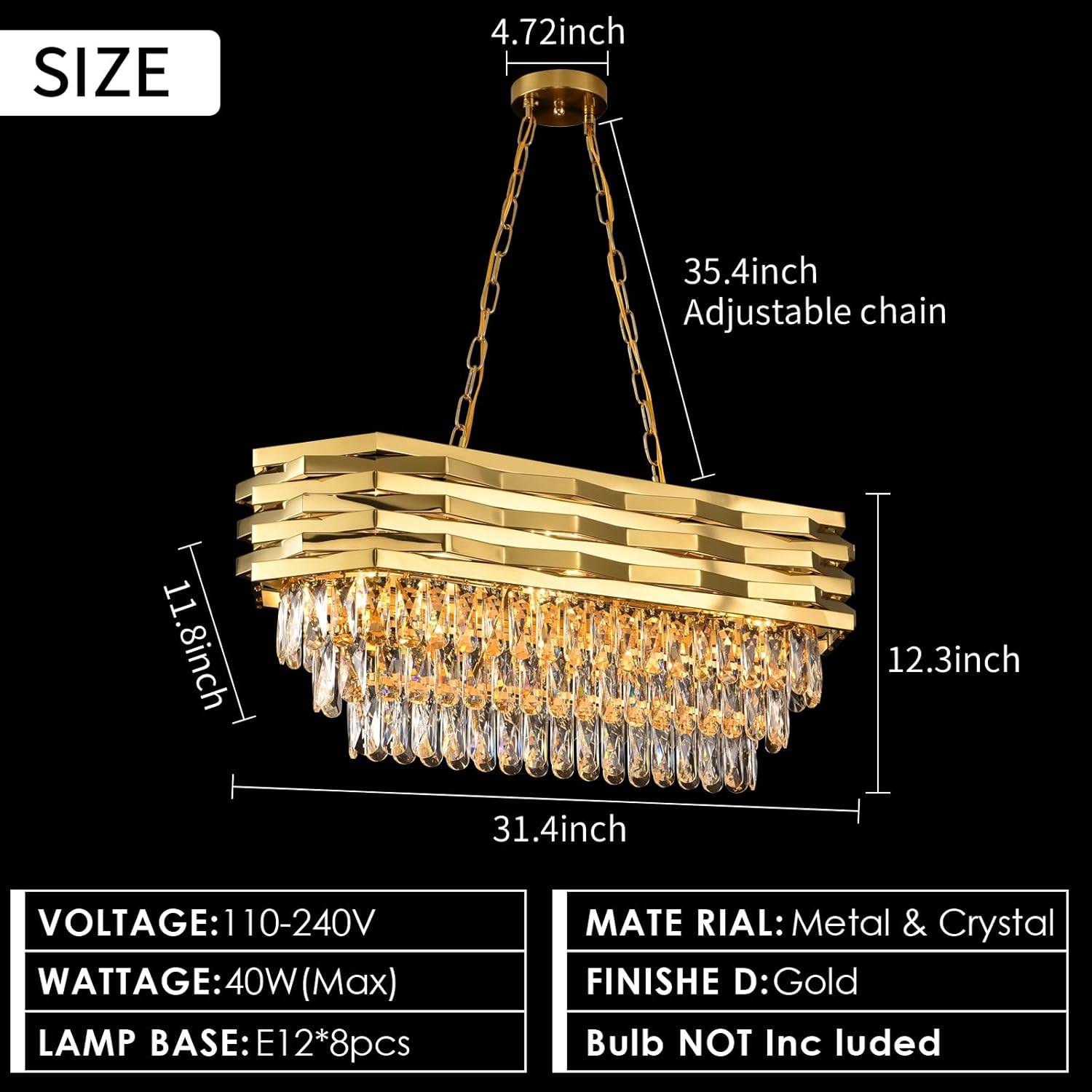 Gold Modern Crystal Chandeliers for Dining Room 8-Light Gold Chandelier Living Room Dining Room Chandelier Oval Ceiling Hanging Light Pendant Light