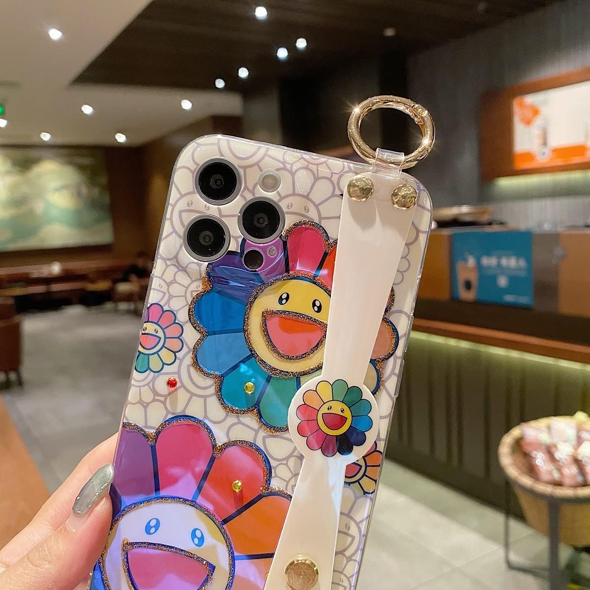 Funda para iPhone 15 Pro linda con correa de muñeca con función atril y purpurina de dibujos animados IMD de silicona TPU a prueba de golpes para