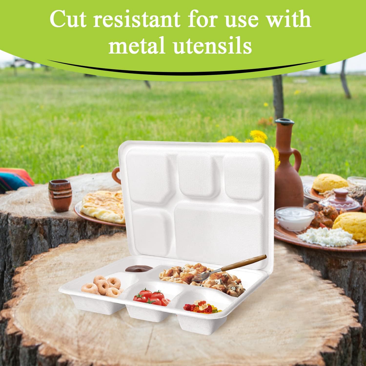 three leaf Juego de 5 bandejas de comida con tapa, 25 juegos. Platos de bagazo desechables resistentes y ecológicos con plomo, platos 100%