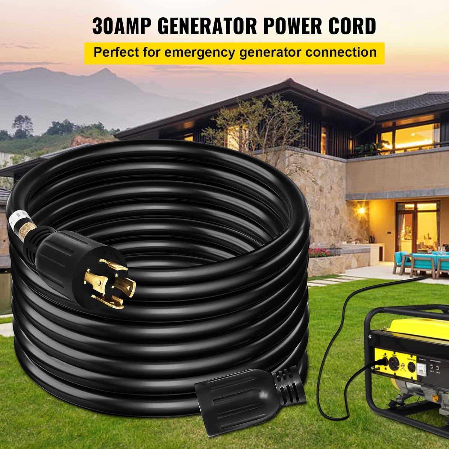 VEVOR Cable de extensión para generador de 50 pies y 30 amperios SJTW 10 AWG, 4 clavijas, NEMA L14-30P 125250V, cable de alimentación de generador