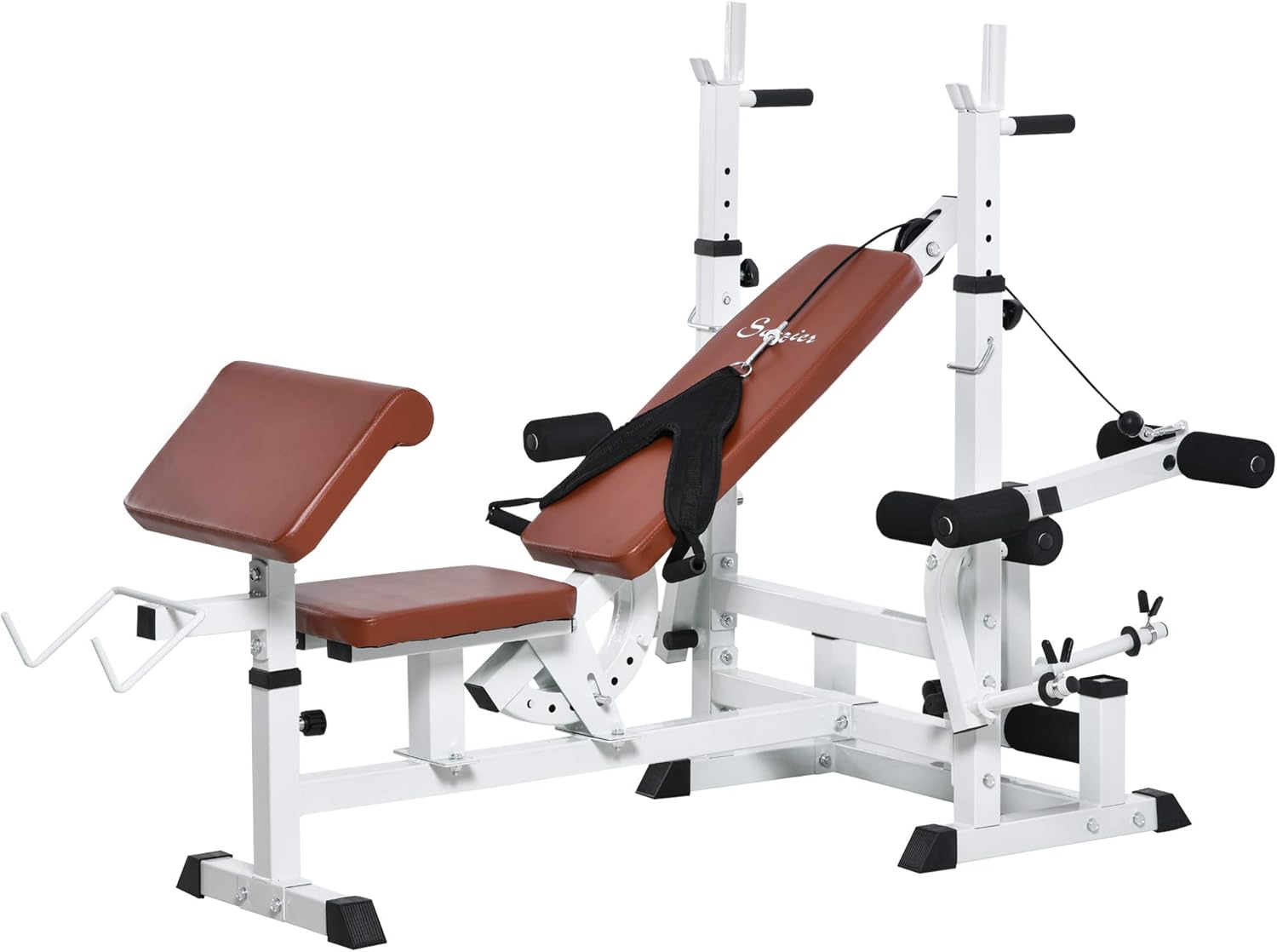 Soozier Soporte de pesas de cuerpo completo para múltiples ejercicios con prensa de banco, extensión de piernas, banda de resistencia a moscas en el