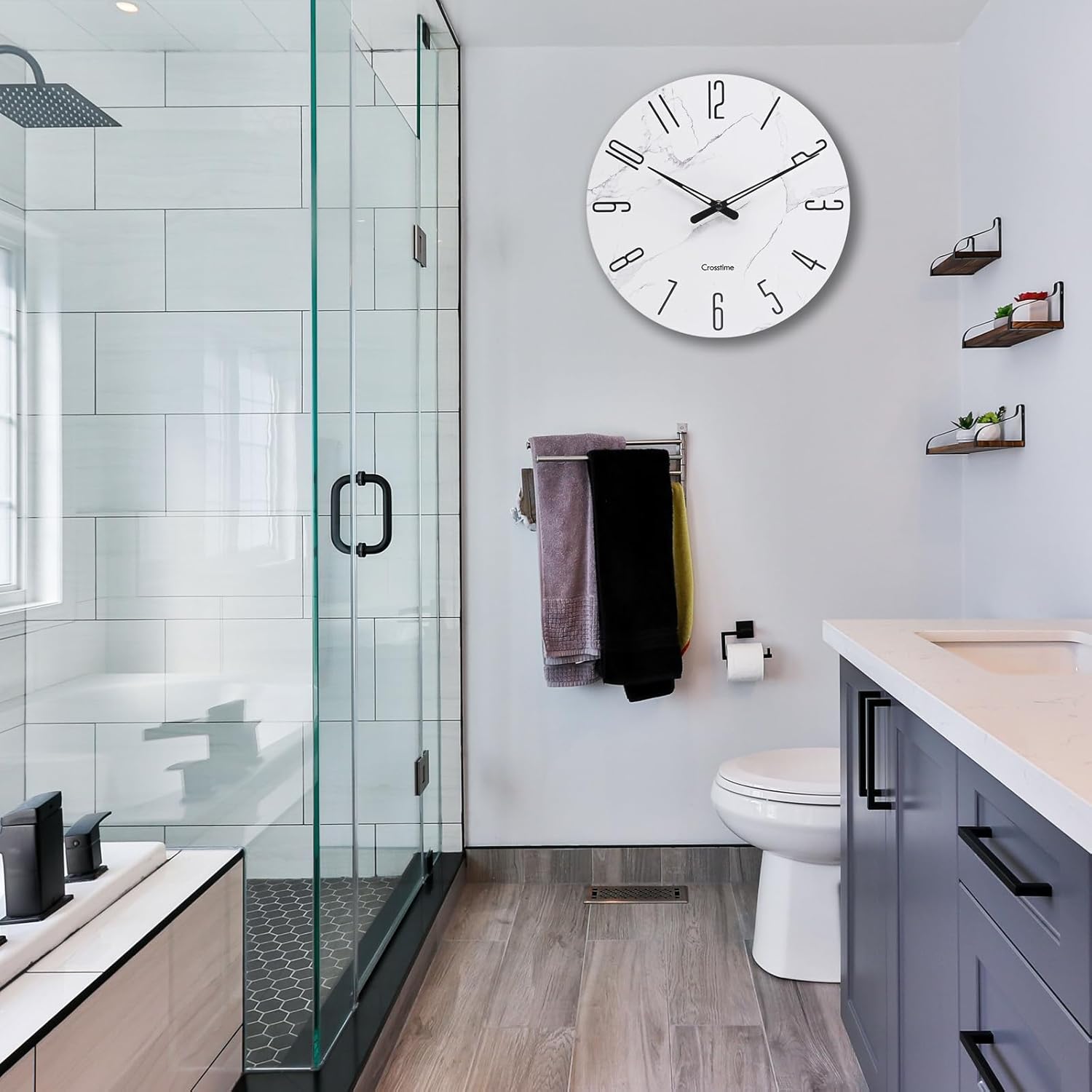 Reloj de pared moderno de 12 pulgadas, reloj de pared de vidrio para baño, minimalista, decorativo, funciona con pilas, silencioso, sin tictac, para