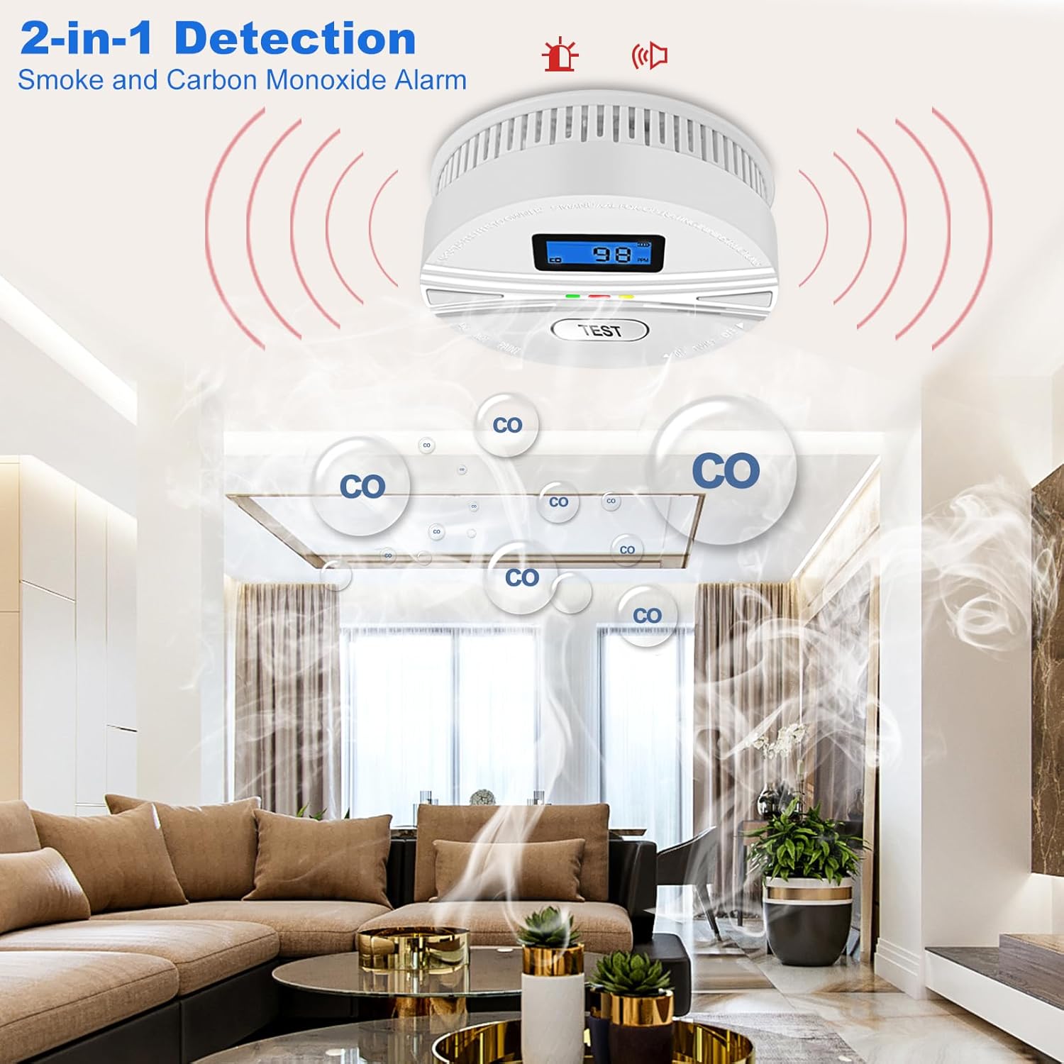Detector combinado de alarma de monóxido de carbono de humo alimentado por batería, detector de humo detector de monóxido de carbono combinado con