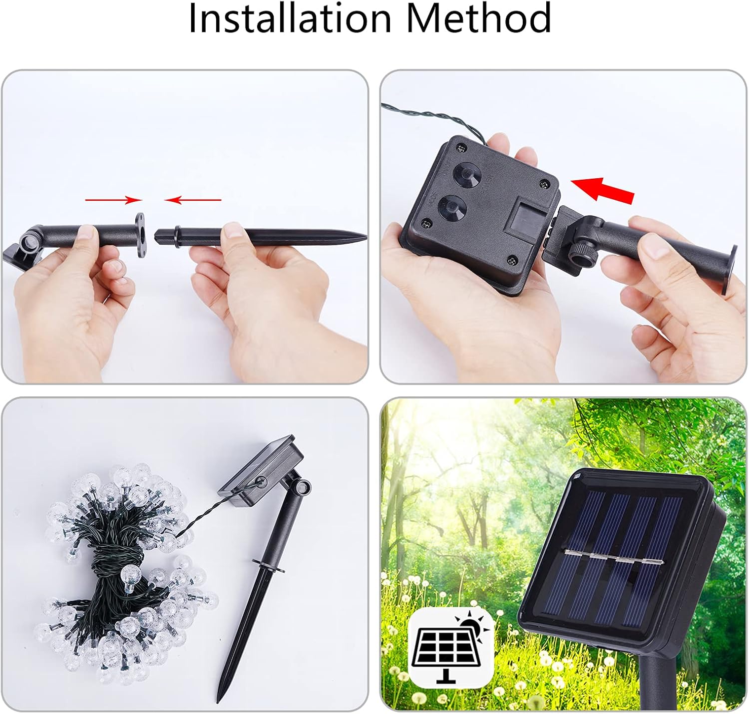 Guirnalda de luces solares para exteriores, 100 luces LED de 40 pies de globo de cristal multicolor, 8 modos, luces solares impermeables, para