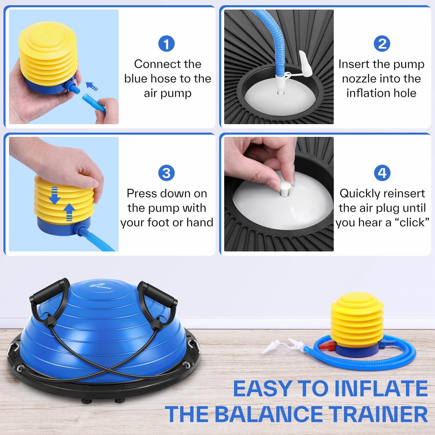 Sportneer Entrenador de pelota de equilibrio con bandas de resistencia y bomba, media pelota de yoga inflable para entrenamiento de cuerpo completo