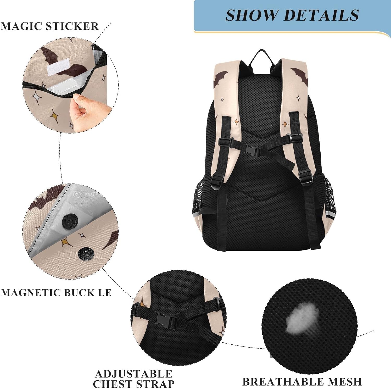 Mochila escolar bohemia de murciélagos de Halloween, mochila ligera para portátil, mochila de viaje para estudiantes con rayas reflectantes, Varios