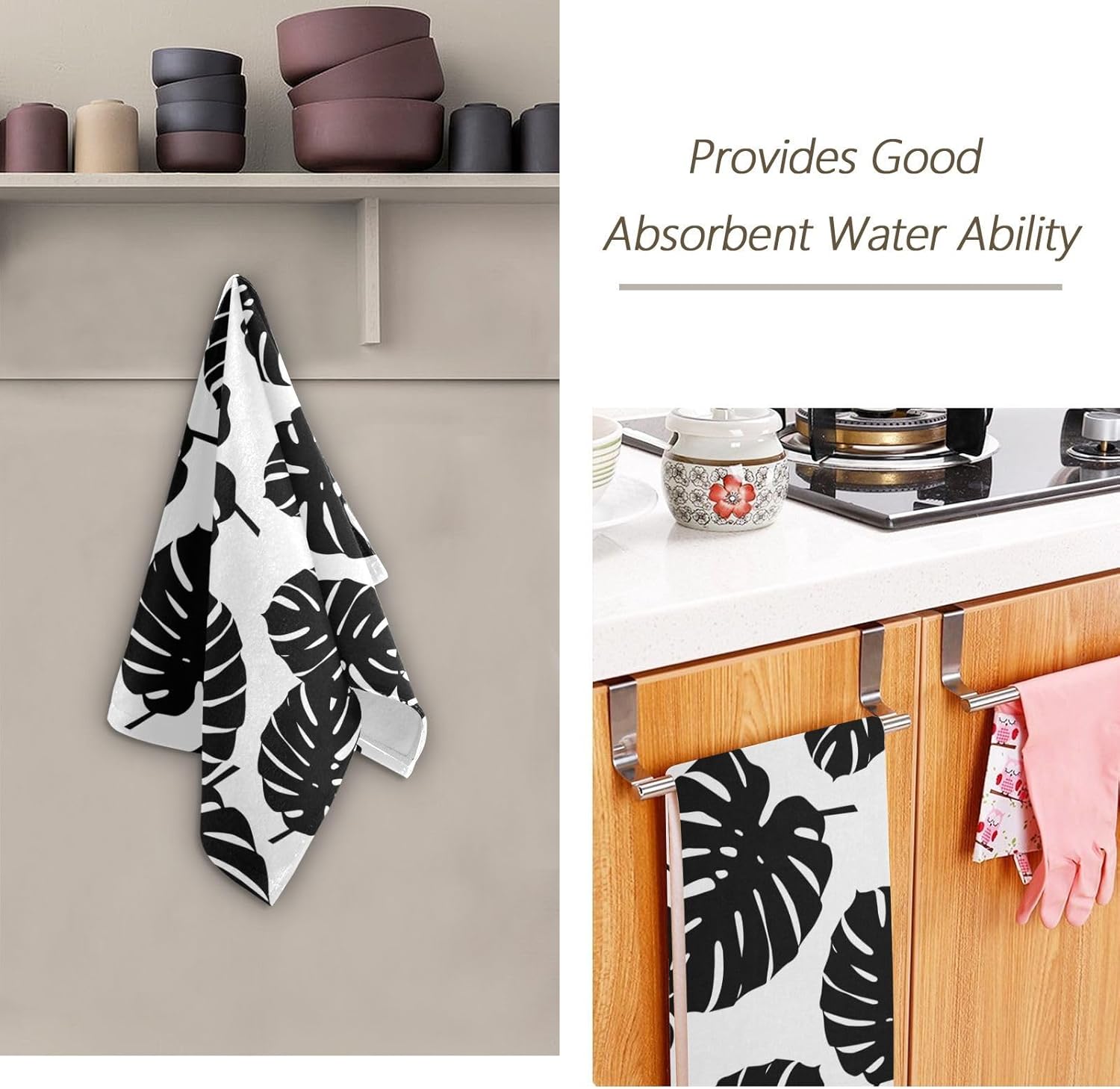Paquete de 2 toallas de mano de hojas de palma blancas y negras para baño, toallas de baño absorbentes de microfibra con hojas tropicales, toallas