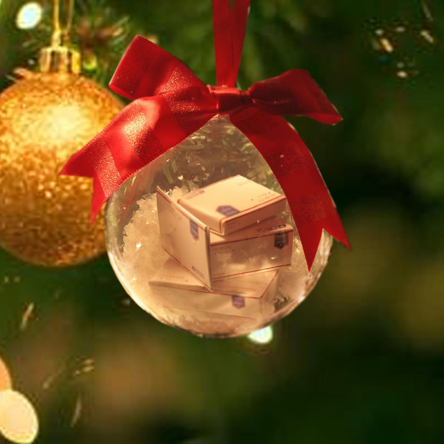 2 adornos para árbol de Navidad con mini cajas de entrega en el interior, divertidas bolas de Navidad transparentes, paquetes de decoraciones de