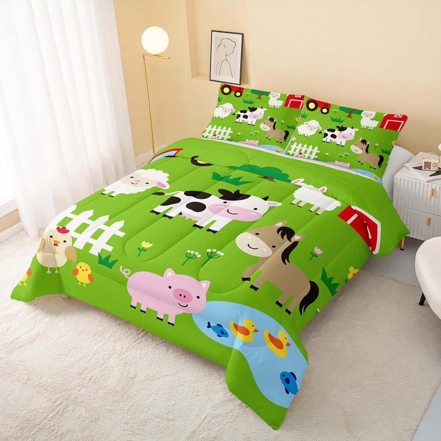 Edredón de animales de granja, juego de edredón de oveja, vaca, cerdo, para niños, adolescentes, niñas, niños, juego de ropa de cama de 3 piezas