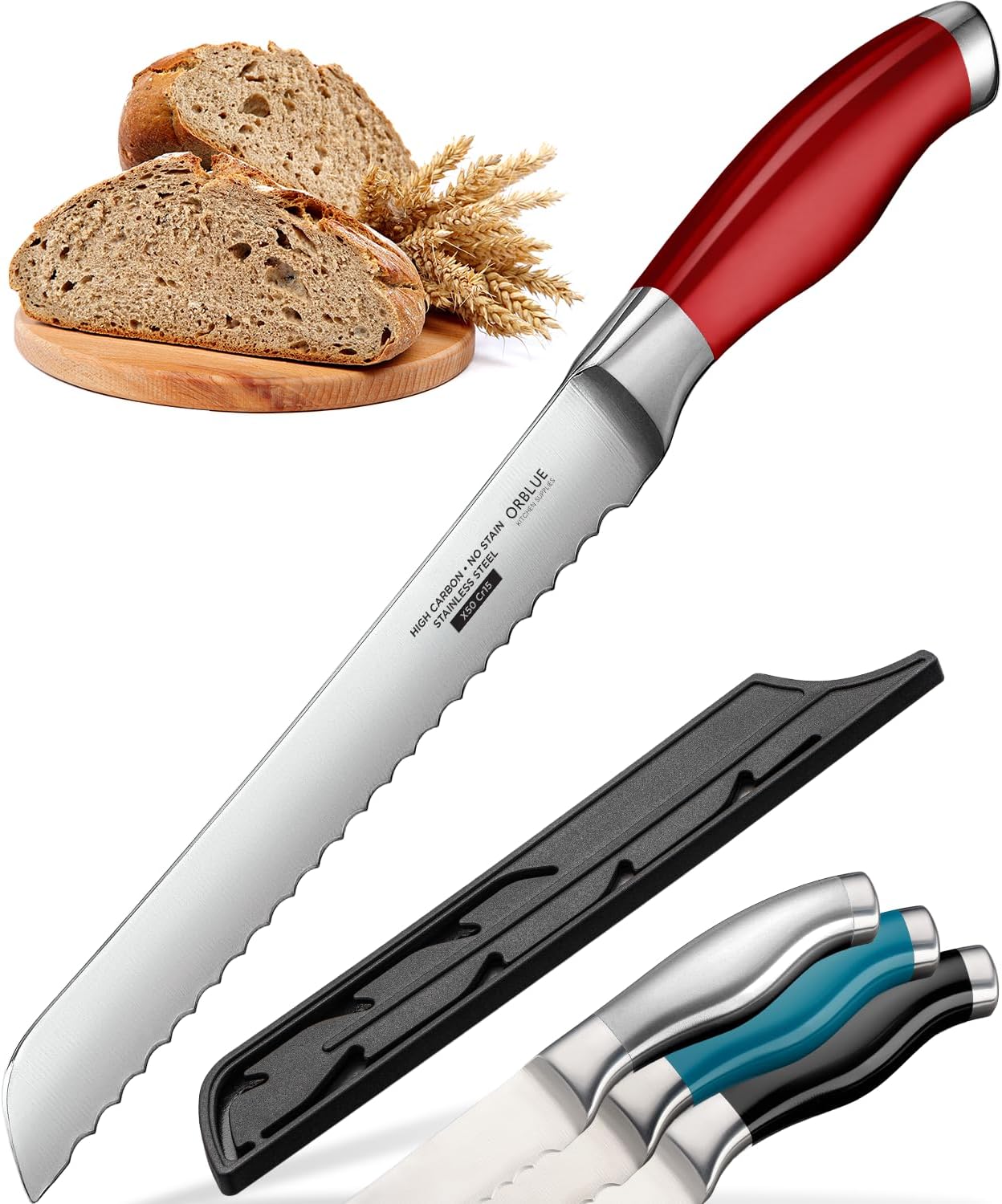 Orblue Cuchillo de pan dentado, cortador de pan de acero inoxidable ultra afilado de grado profesional, corta panes gruesos sin esfuerzo (hoja de 8