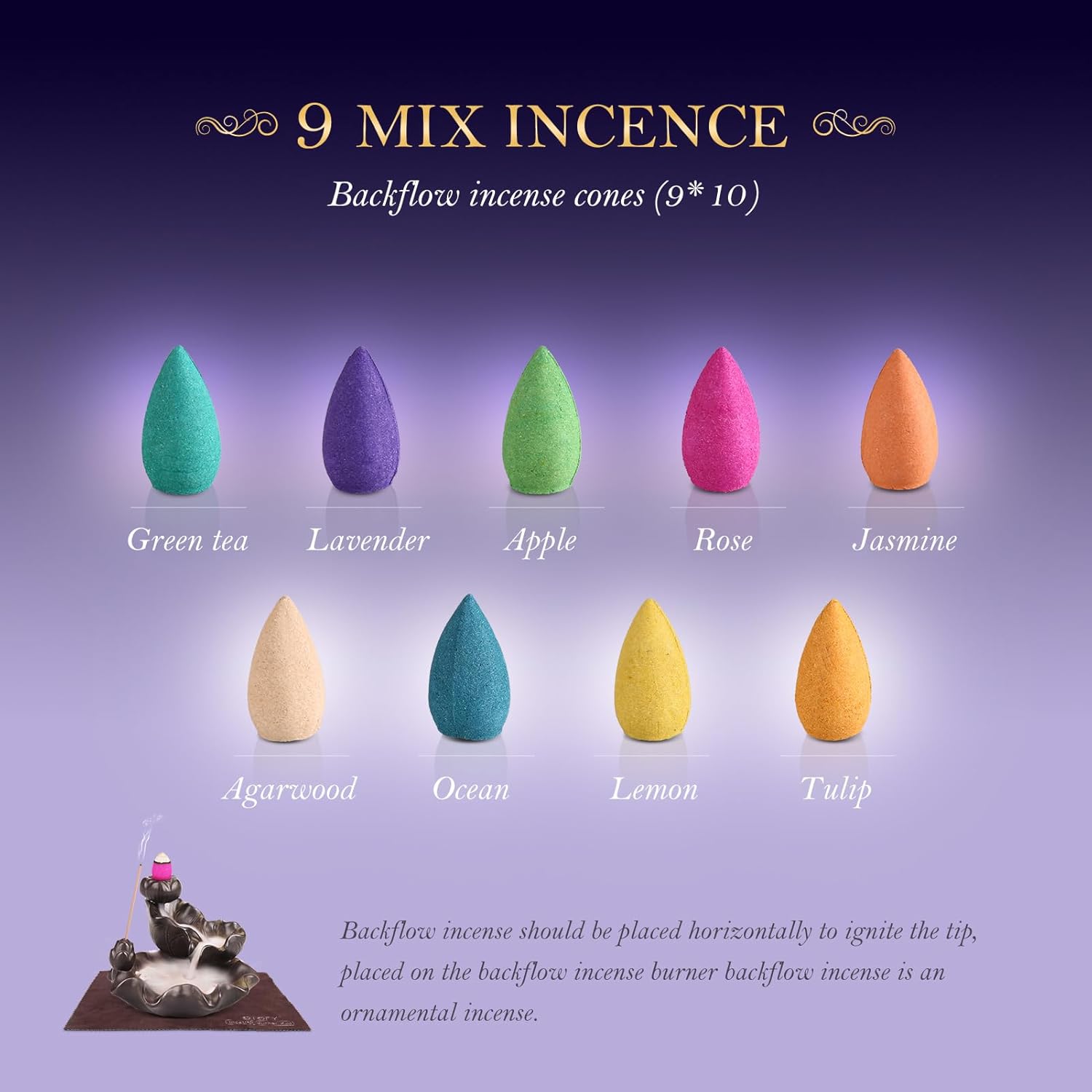 OTOFY Conos de incienso de reflujo para fuente de humo aromático de cascada, Haze Falls, 9 incienso mixto de cascada rosa lavanda para soporte de
