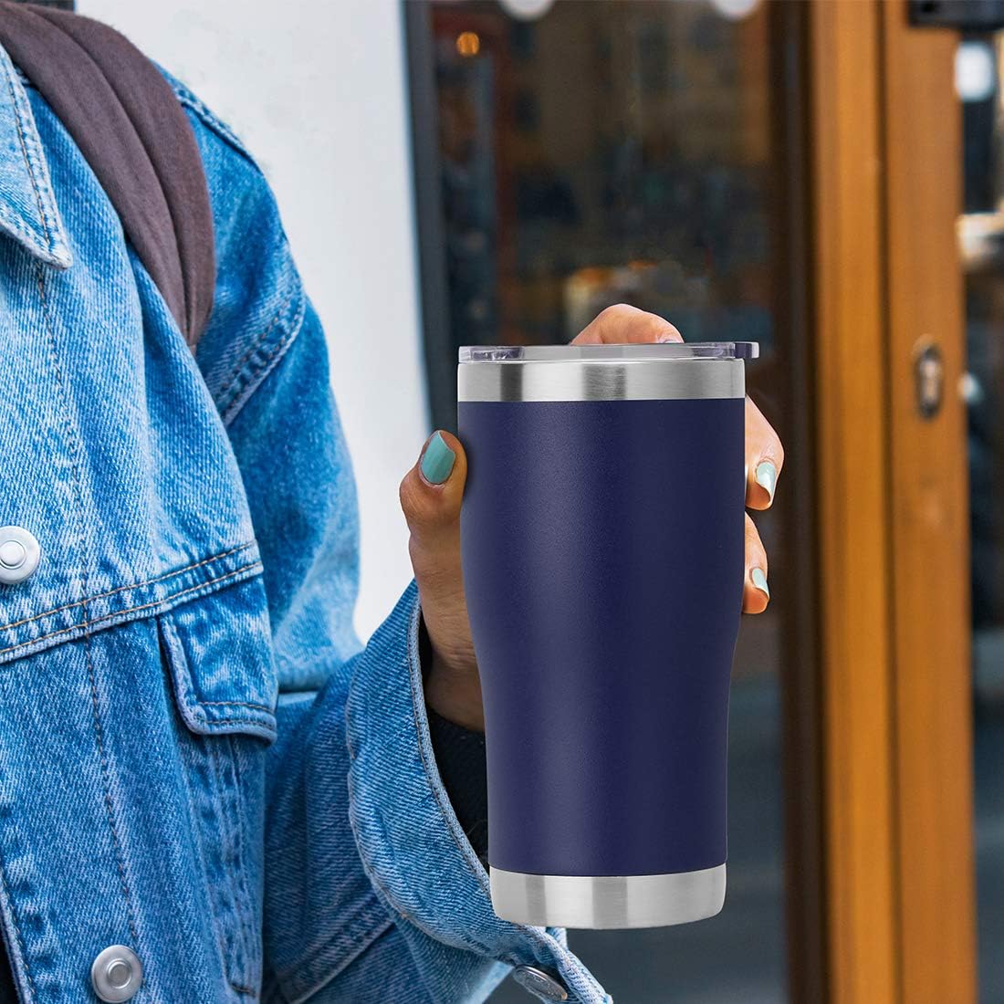 DOMICARE vaso de doble pared con aislamiento al vacío, 20 onzas, con tapa, vaso de viaje de acero inoxidable, vaso de café con recubrimiento en polvo