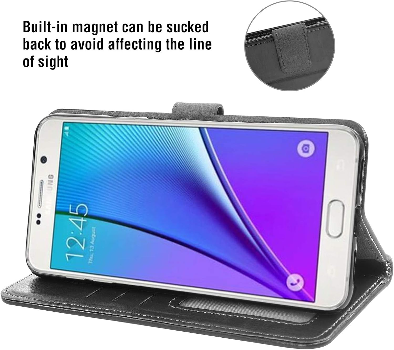 Asuwish Compatible con Samsung Galaxy Note 5 – Funda tipo cartera de vidrio templado, protector de pantalla con tapa para tarjetero, accesorios para
