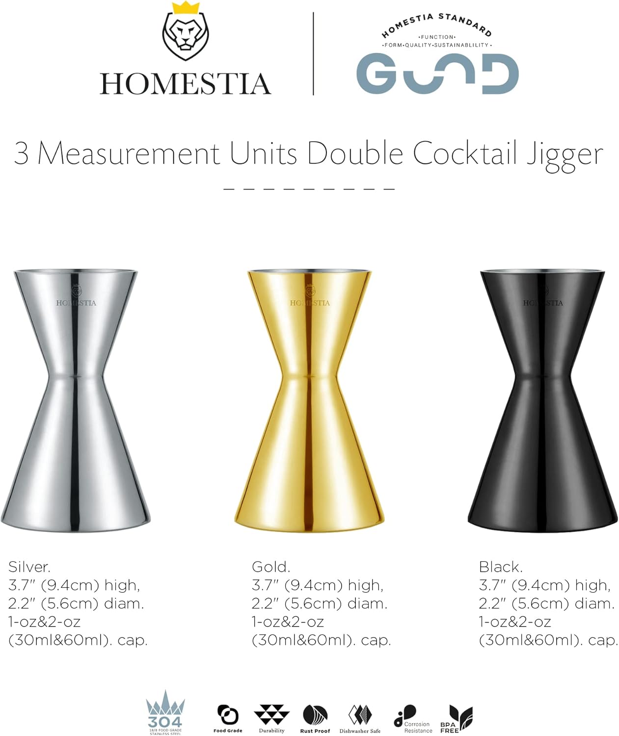 Homestia Jigger de cóctel doble minimalista con medidas (onzas y ml y cucharadas), jigger negro para medir tiro de barman, jigger de medición de