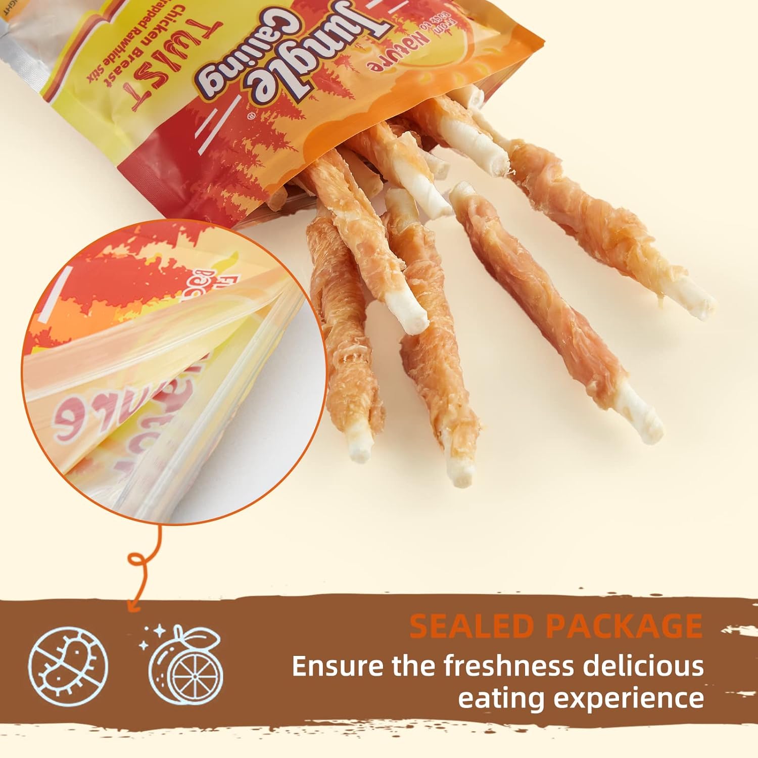 Jungle Calling Golosinas para perros, palitos de cuero crudo envueltos en pollo para perros, deliciosas y nutritivas golosinas de recompensa de