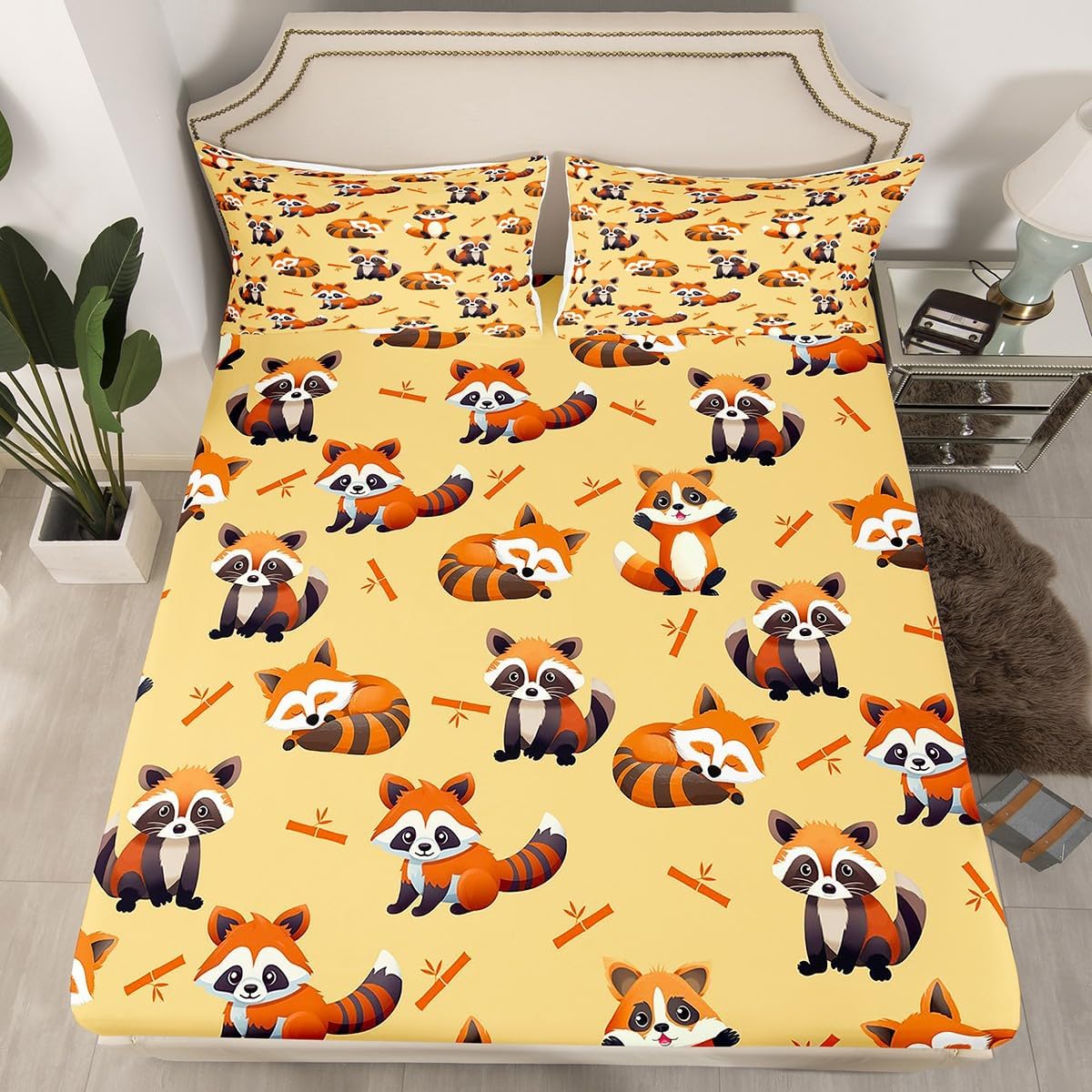 Feelyou Juego de ropa de cama de panda de dibujos animados para niños, sábanas de bambú con panda rojo para niños y niñas, decoración temática de