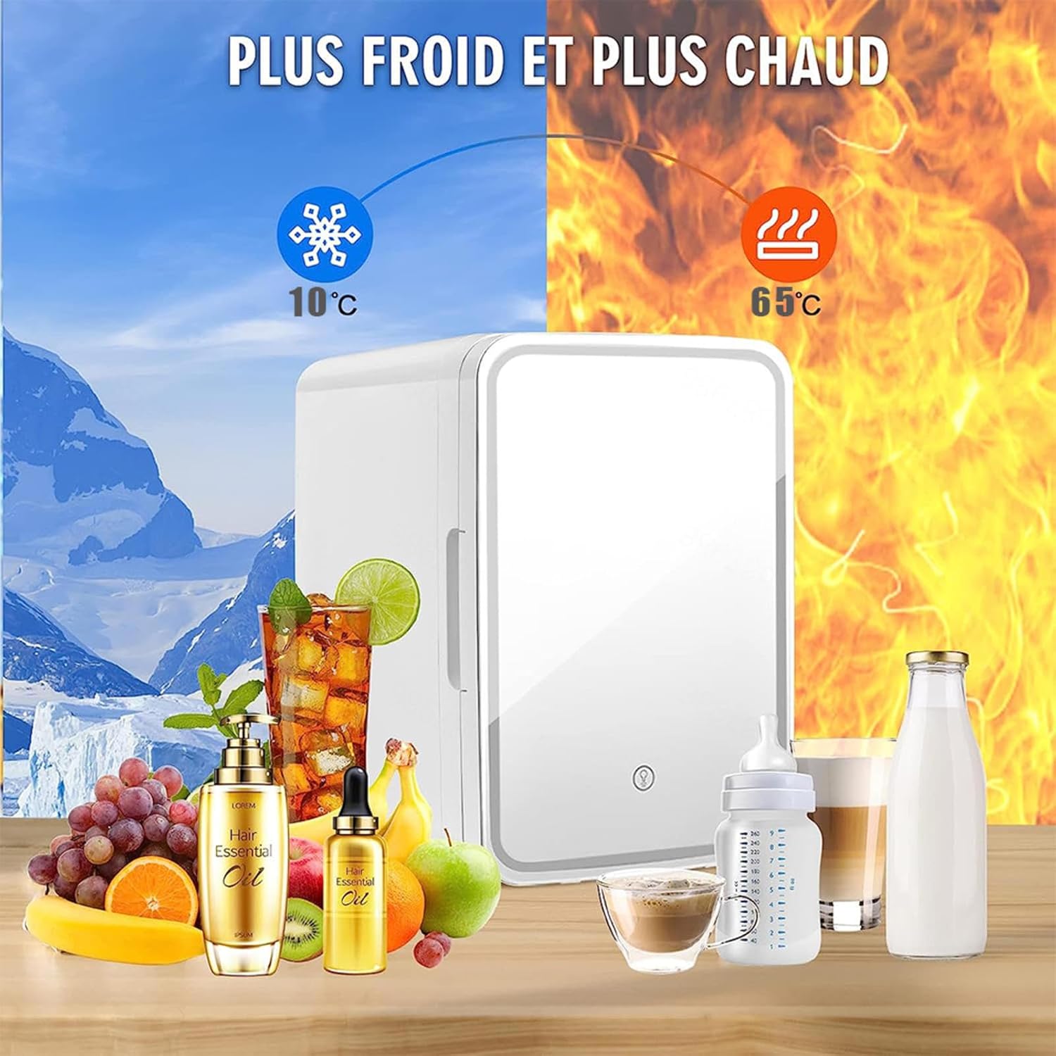 Mini refrigerador con luces LED, con espejo LED, capacidad de 8 litros, lindo mini refrigerador para el cuidado de la piel, caliente y frío, mini