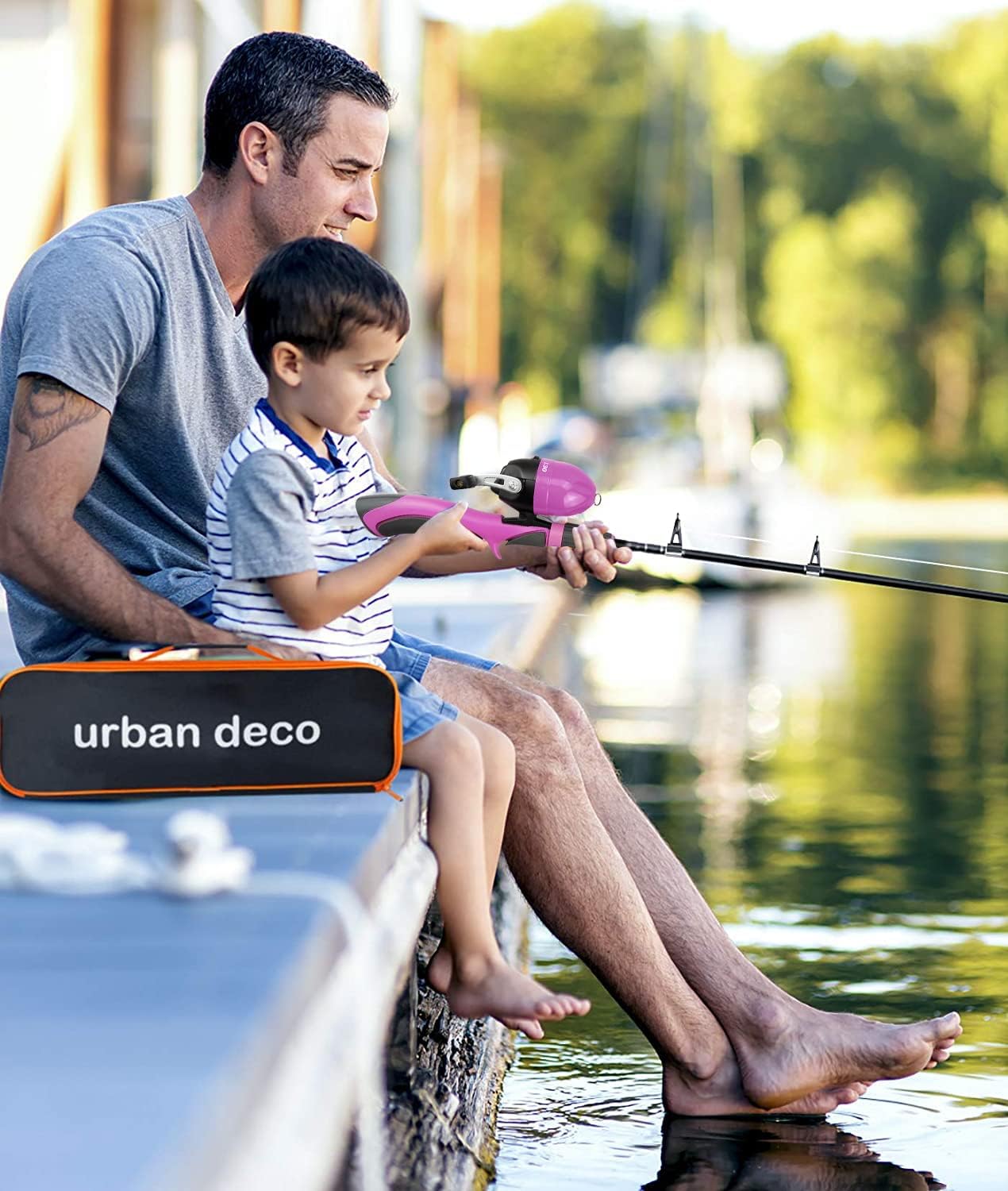 Urban Deco Juego de caña de pescar para niños, portátil, telescópica, caña, carrete y kit combinado con caja de aparejos para principiantes, niños,