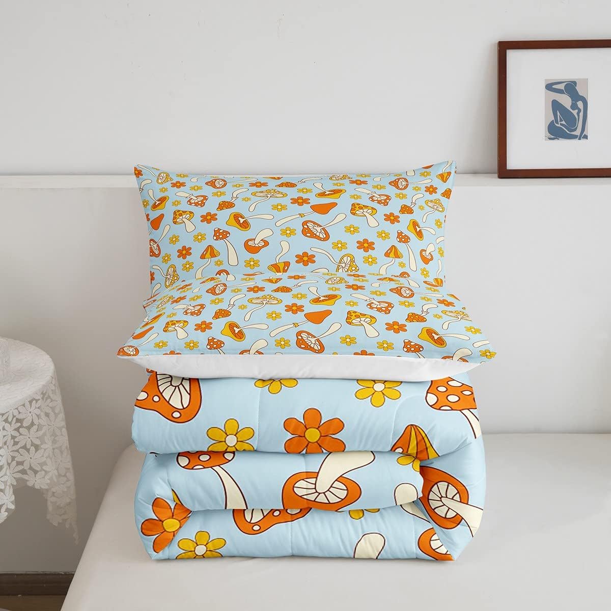 Erosebridal Juego de ropa de cama con diseño de hongos hippie para niños, diseño floral, bohemio, retro, de los años 70, decoración de edredón,
