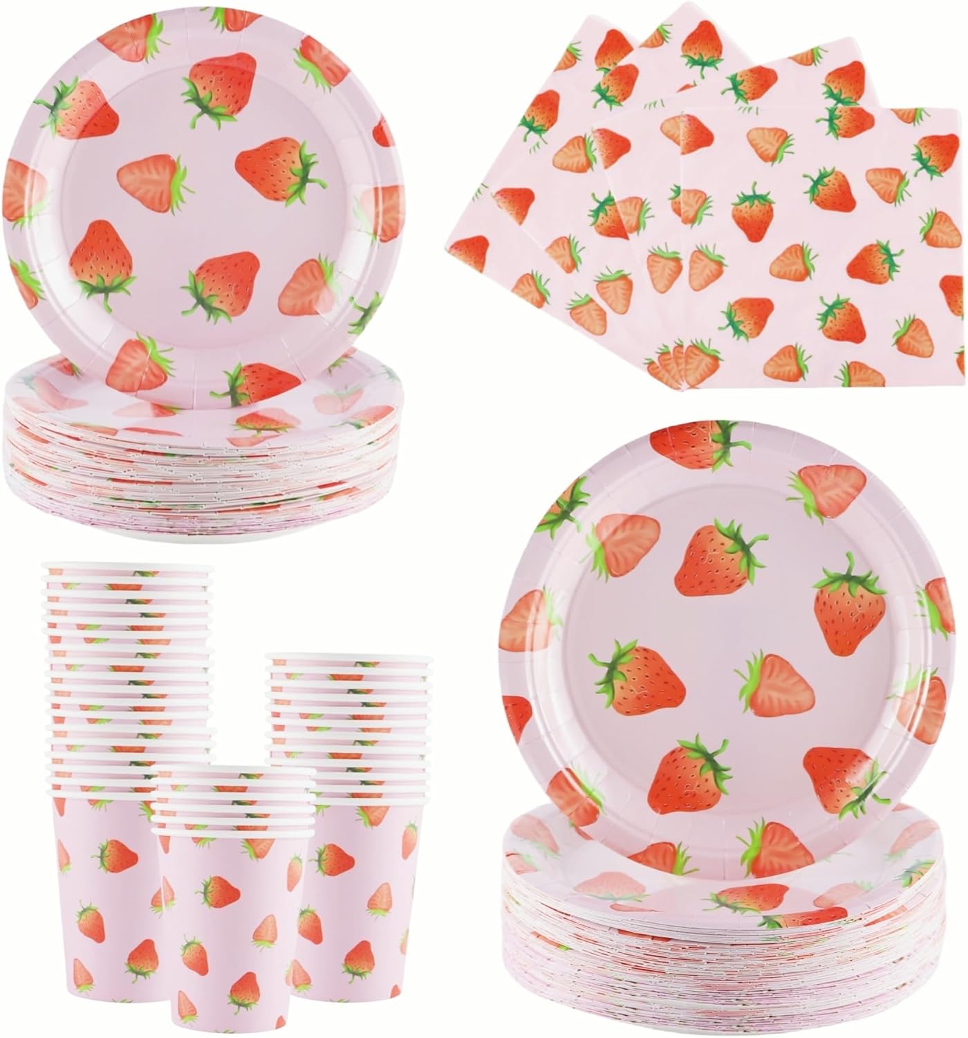 Juego de vajilla de fiesta de fresa, 200 piezas de suministros para fiesta de cumpleaños, platos de papel desechables de fresa, platos de cena,