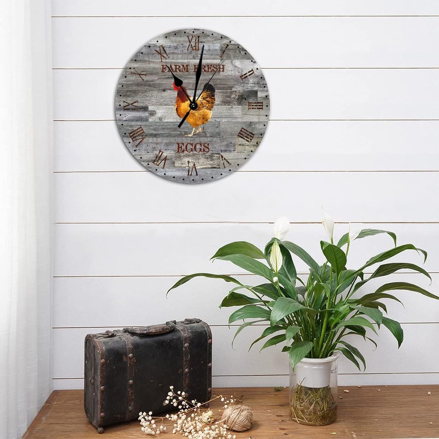 Reloj de pared decorativo de madera redondo de estilo vintage, con números romanos, de madera, con números romanos, silencioso, sin tictac, funciona