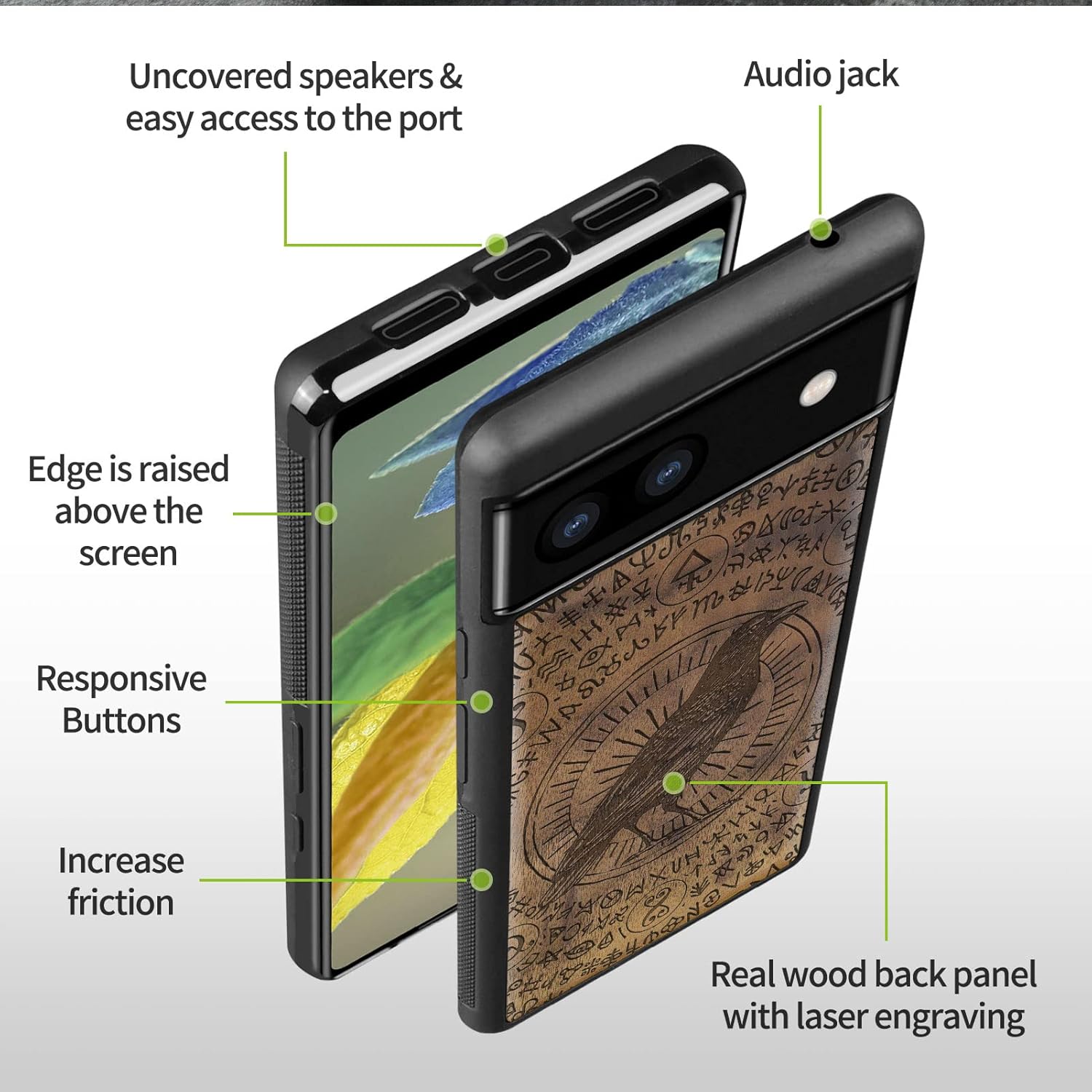 Carveit Funda de madera para Pixel 6a 2022 madera natural y TPU suave negro a prueba de golpes, funda de madera única compatible con Google Pixel 6a