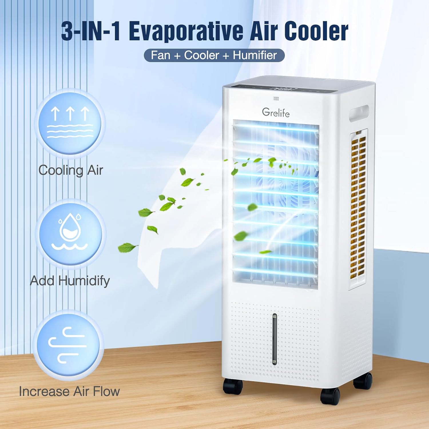 Grelife Enfriador de aire evaporativo portátil, ventilador de enfriamiento de aire 3 en 1 con control remoto, temporizador de 12 horas, 4 paquetes