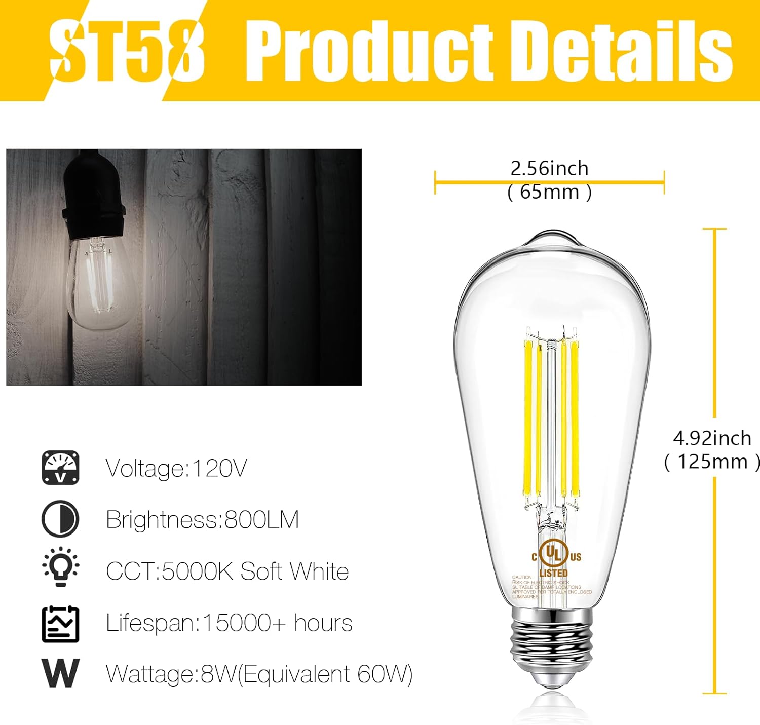 DAYBETTER Paquete de 4 bombillas LED Edison vintage, bombilla LED E26 equivalente a 60 W, bombillas LED regulables, alto brillo de 800 lúmenes, luz