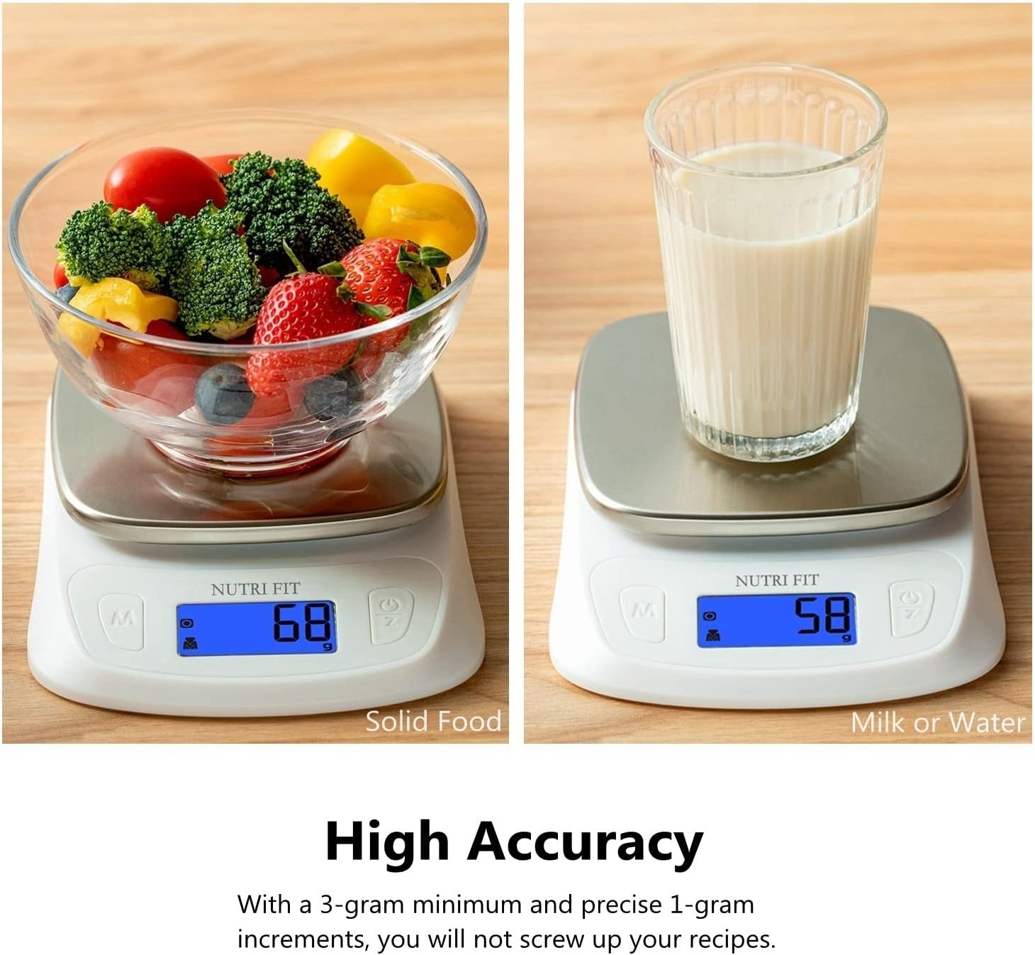 NUTRI FIT Báscula digital de cocina para alimentos, gramos y onzas, báscula ultradelgada, portátil, para hornear, cocinar, acampar, tara inoxidable,