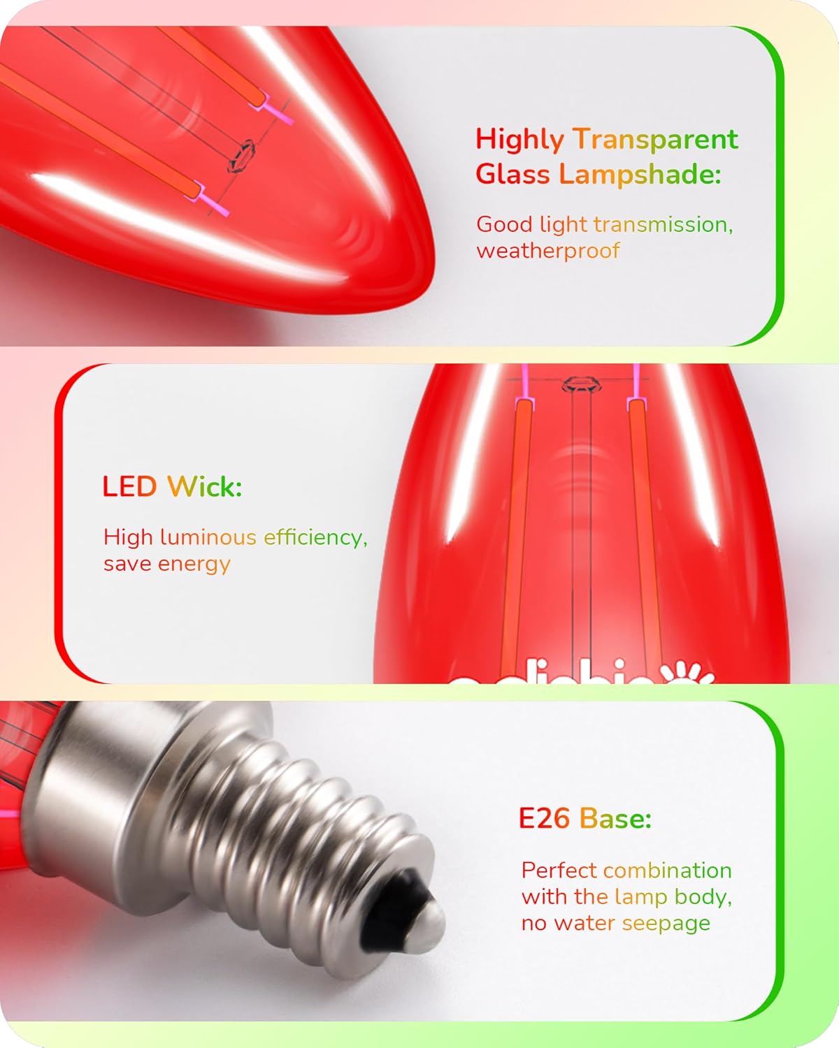 EDISHINE Bombilla de luz roja y verde regulable, equivalente a 5 W a 60 W, bombilla de filamento LED C35, enchufe E12, bombilla Edison de vidrio