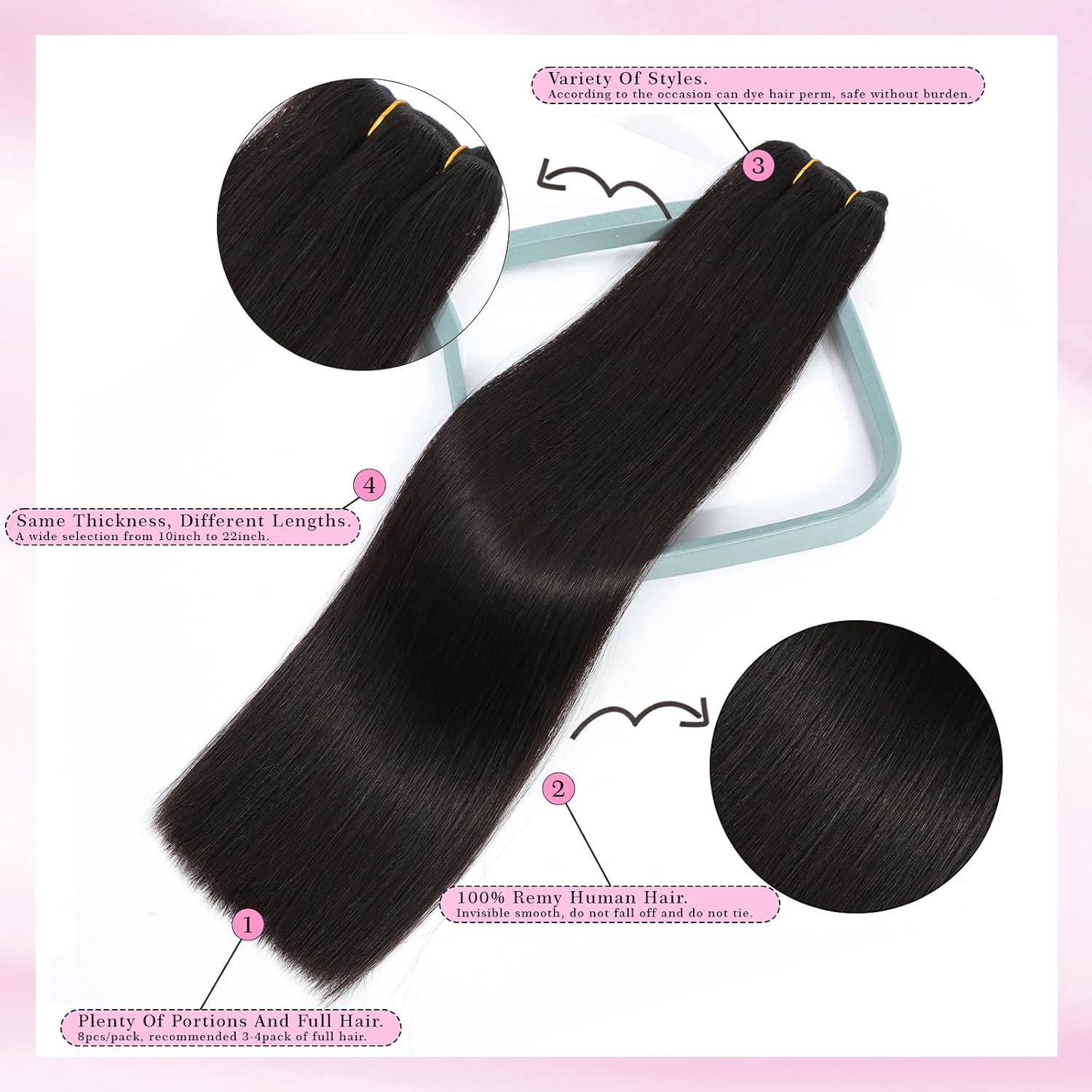 Extensiones de cabello humano real, 8 unidades, color negro natural, lacio, extensiones de cabello humano Remy virgen, clips de doble trama,